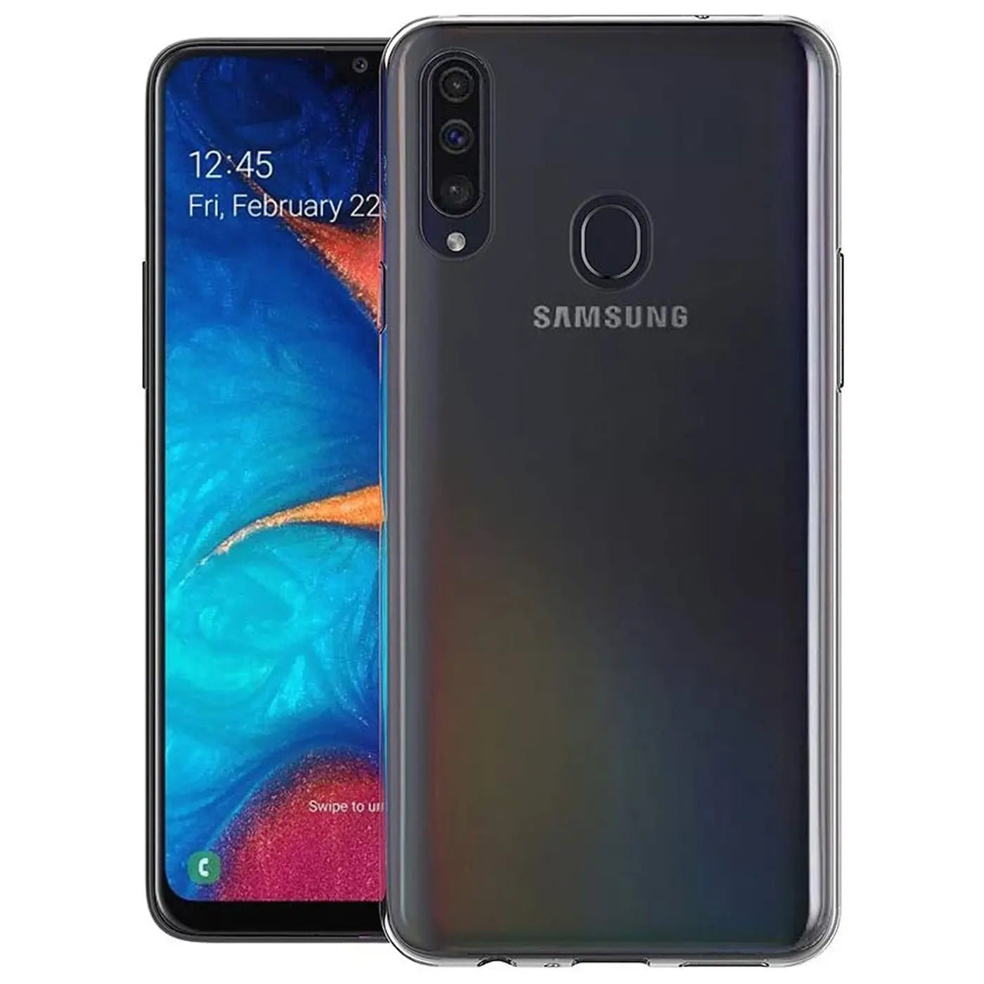 Samsung Galaxy A20s in transparentem Slim Case, von vorne und hinten gezeigt, auf weißem Hintergrund.