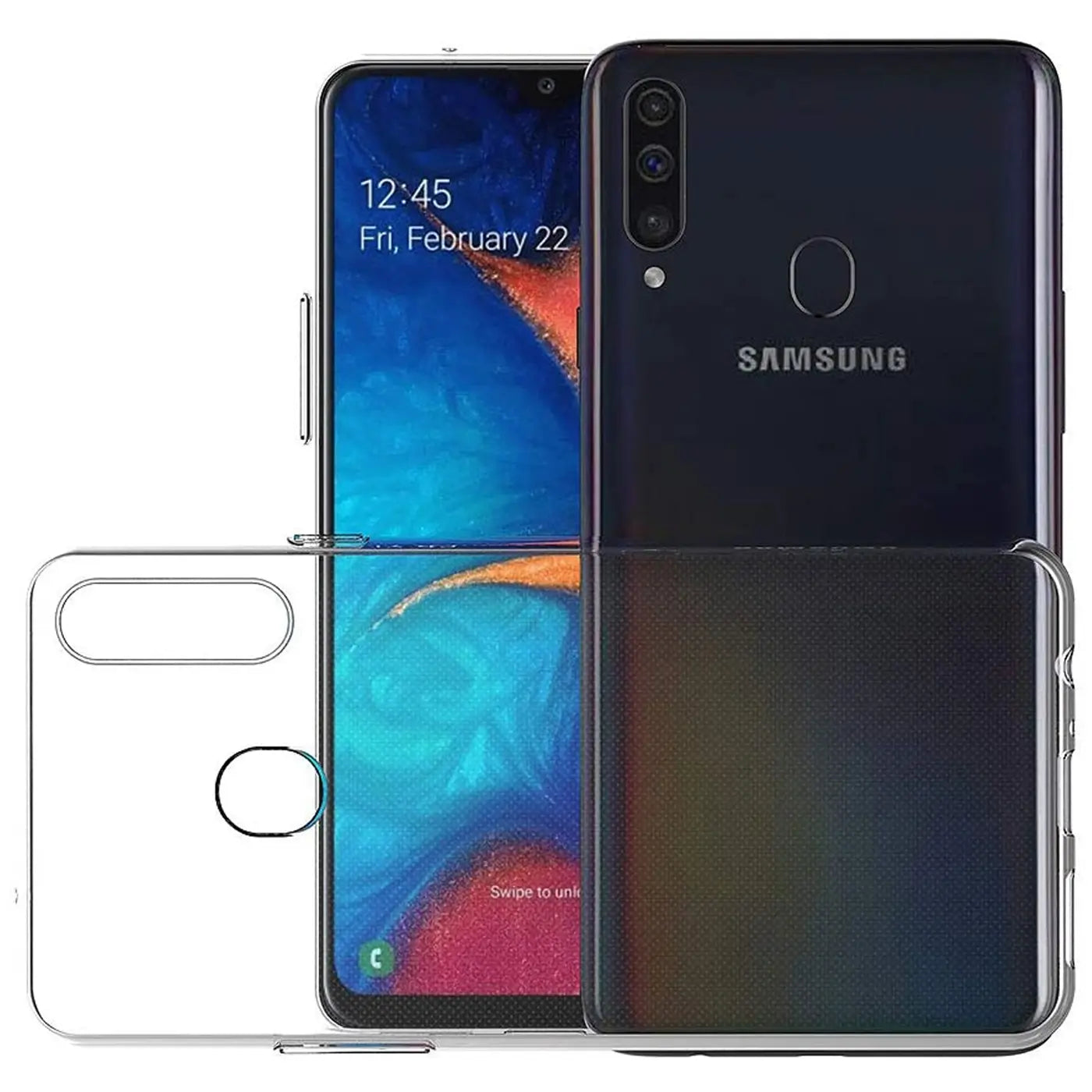 Samsung Galaxy A20s mit transparentem Silikoncase, Vorder- und Rückansicht.