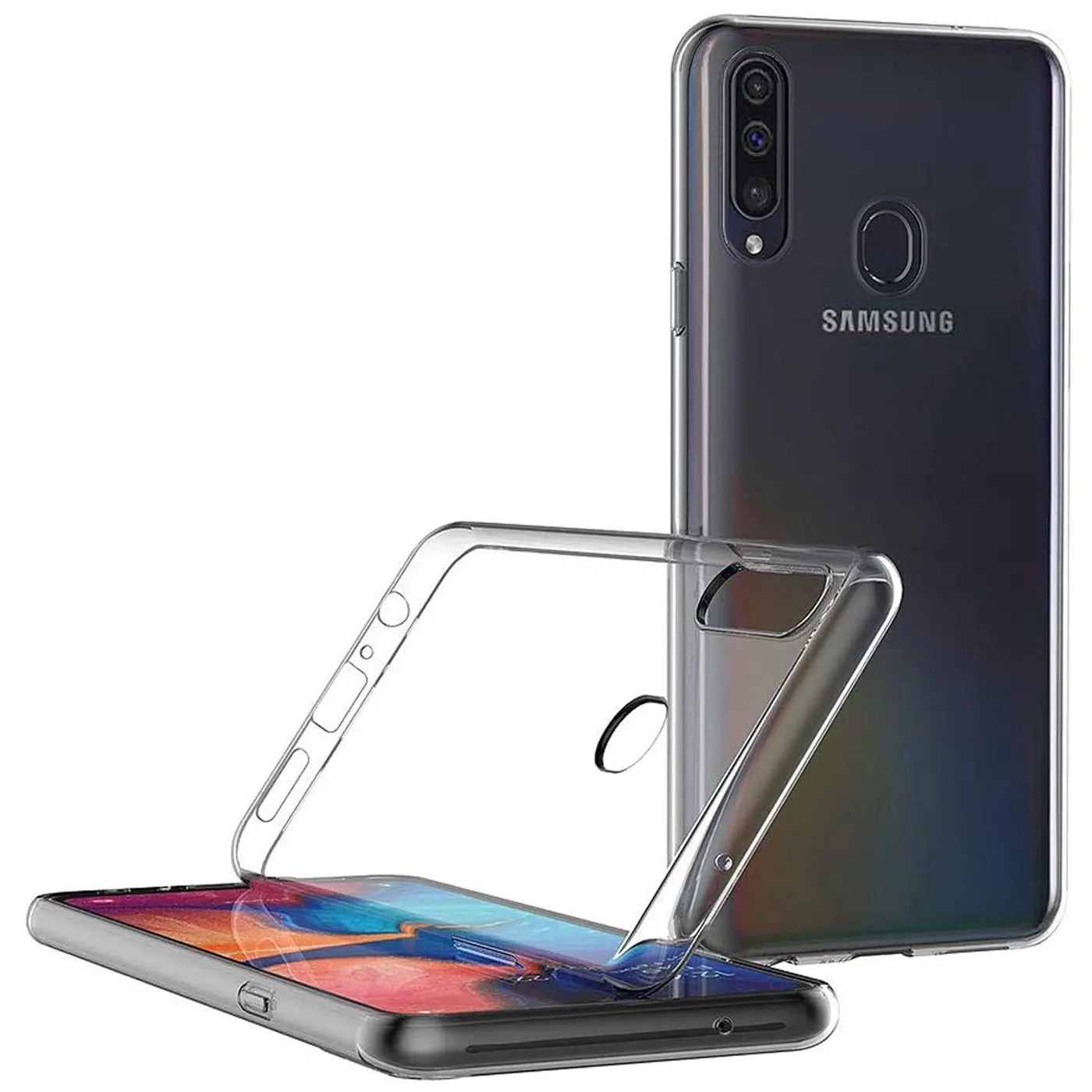 Transparente Hülle aus Kunststoff, die auf ein Samsung Galaxy A20s gelegt wird.