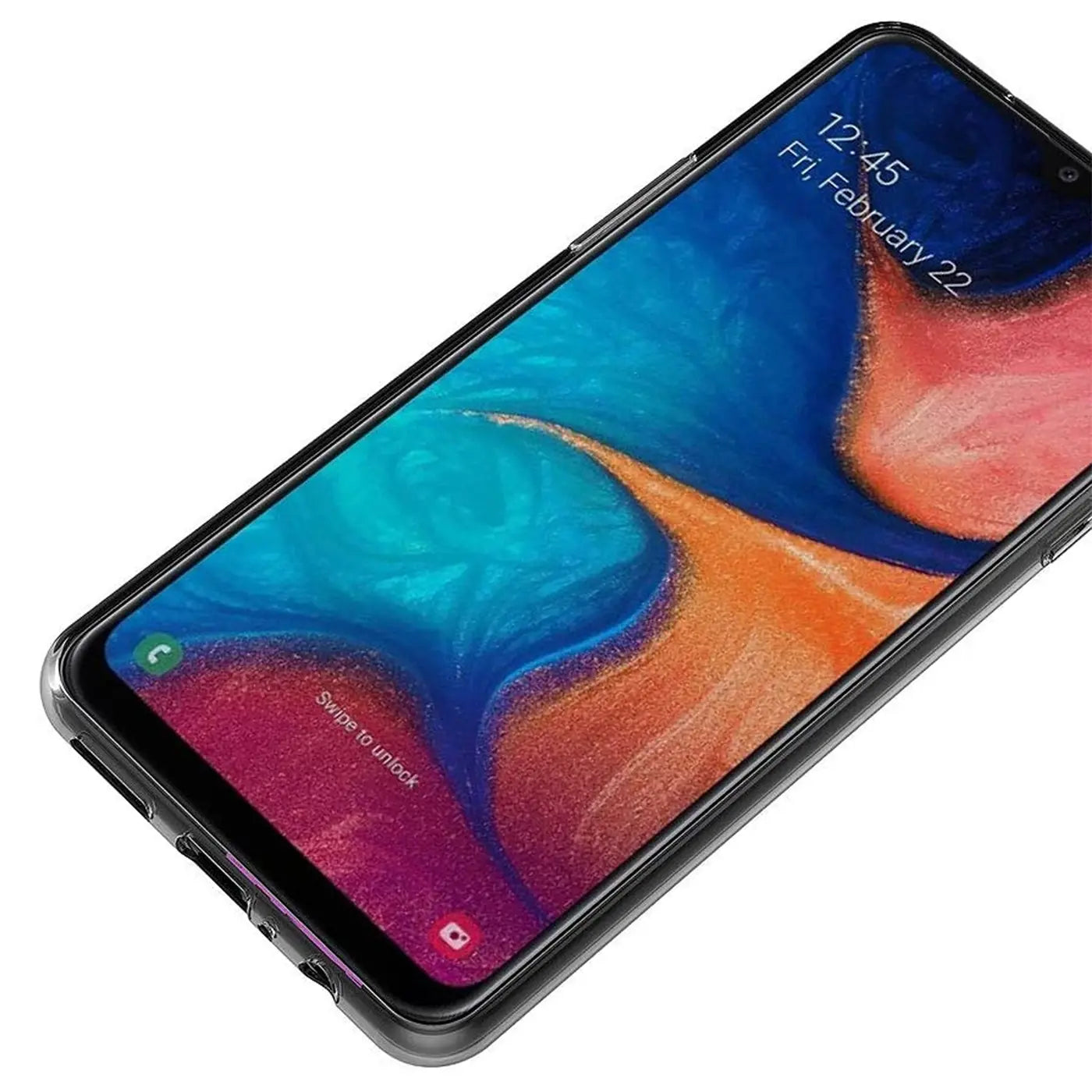 Klares Slim Case aus Kunststoff auf einem Samsung Galaxy A20s, Seitenansicht.