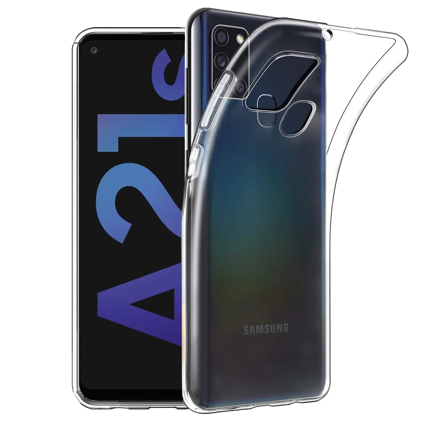 Klares, flexibles Handyhülle aus Silikon, seitliche Ansicht, Samsung Galaxy A21s.