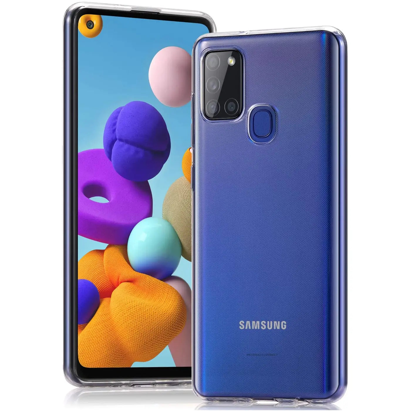 Samsung Galaxy A21s in klarem, dünnem Case, von schräg vorne, Rückseite sichtbar.