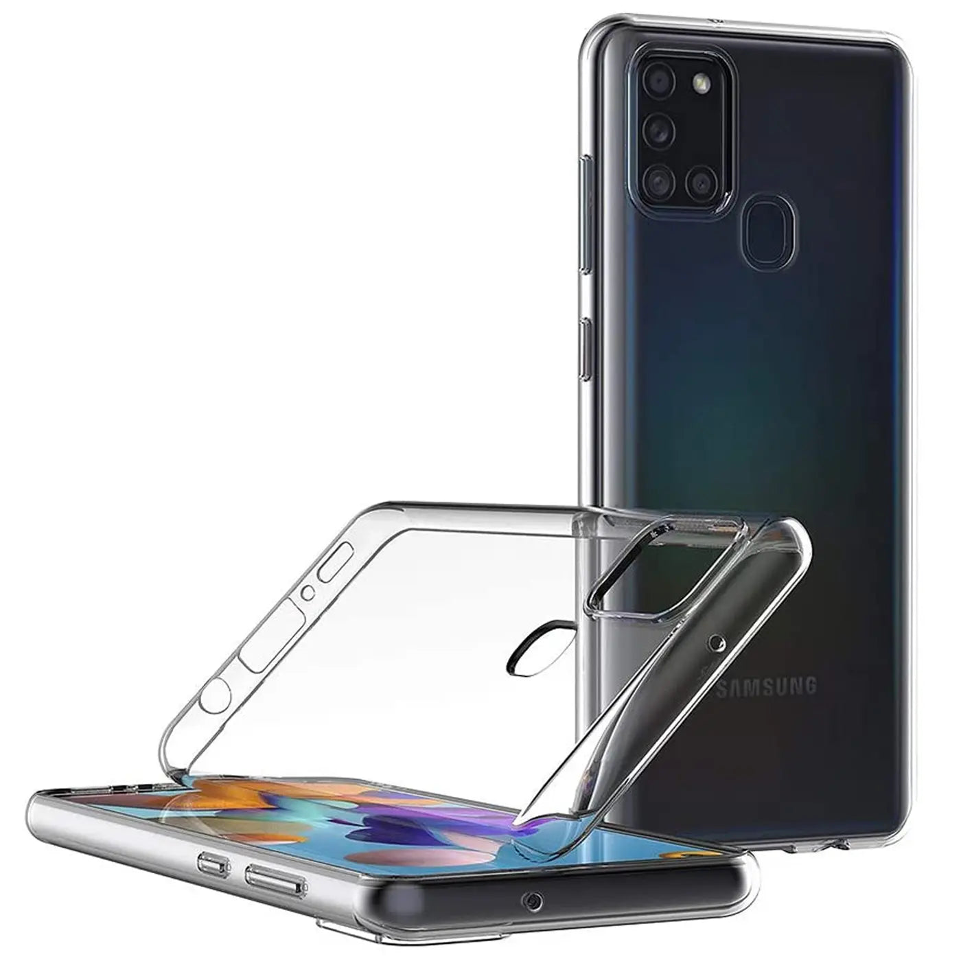 Klares, transparentes Silikon-Case, das ein Samsung Galaxy A21s umschließt. Seitenansicht.