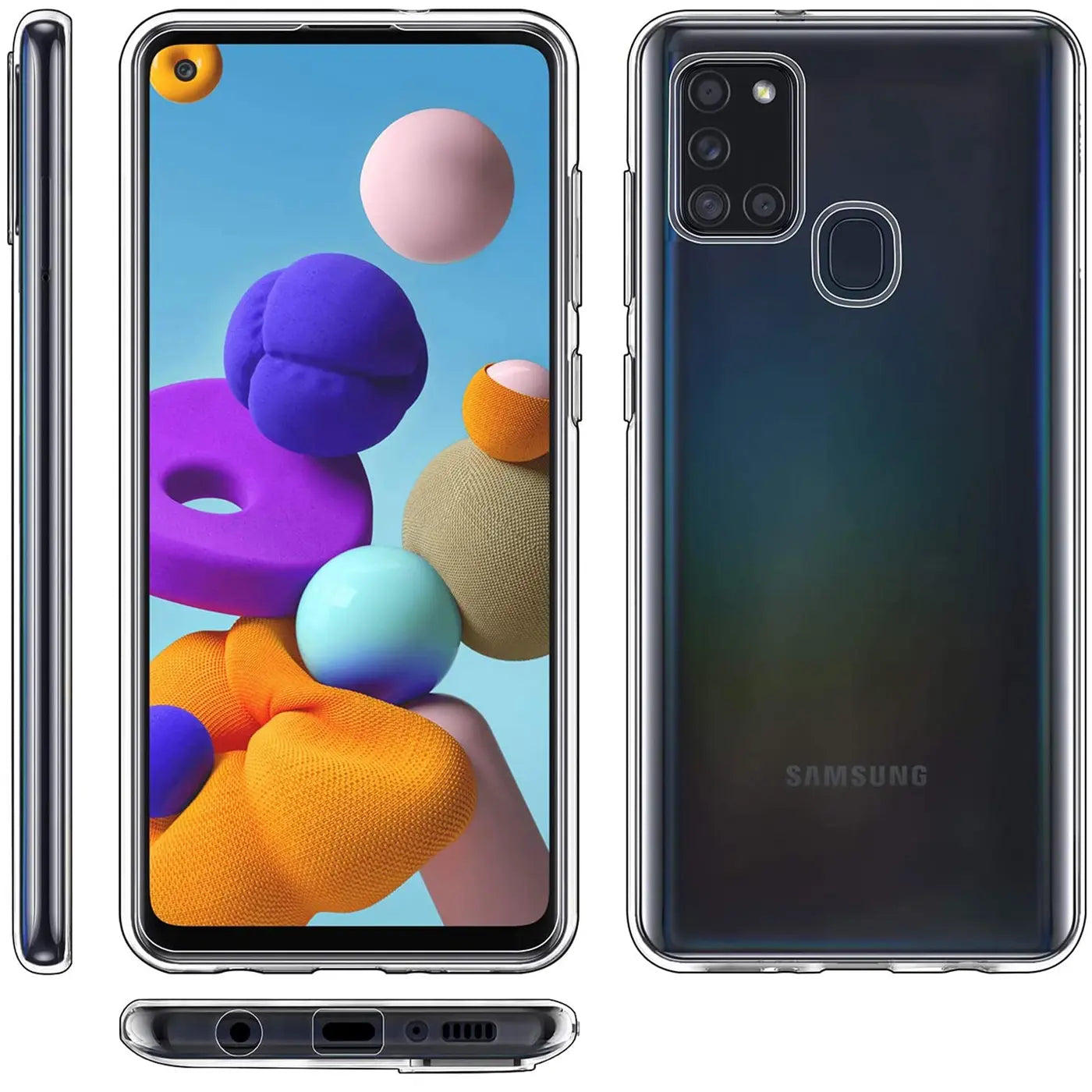 Samsung Galaxy A21s in klarem, dünnem Case, Vorder-, Seiten- und Rückansicht.