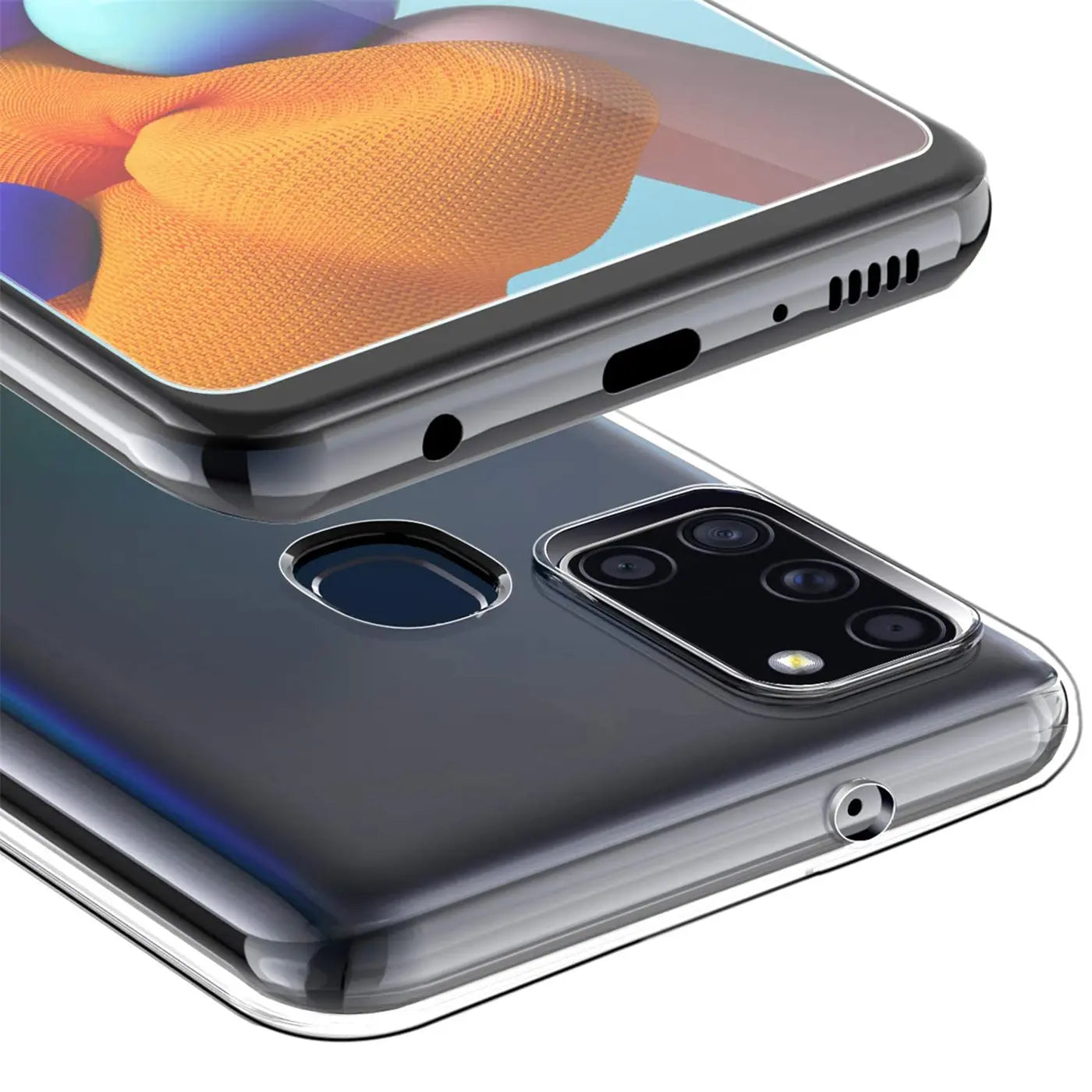 Klares Silikon-Case auf Samsung Galaxy A21s, Rückseite und Unterseite sichtbar.