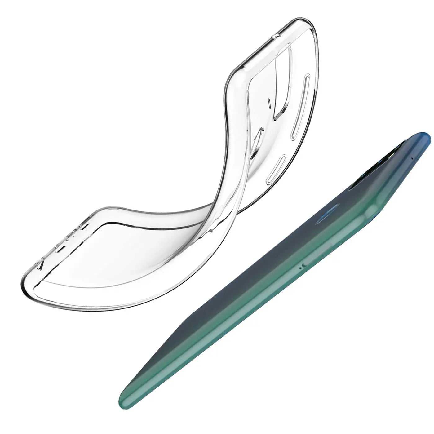Transparente Silikonhülle neben einem grünen Samsung Galaxy A21s, Seitenansicht.