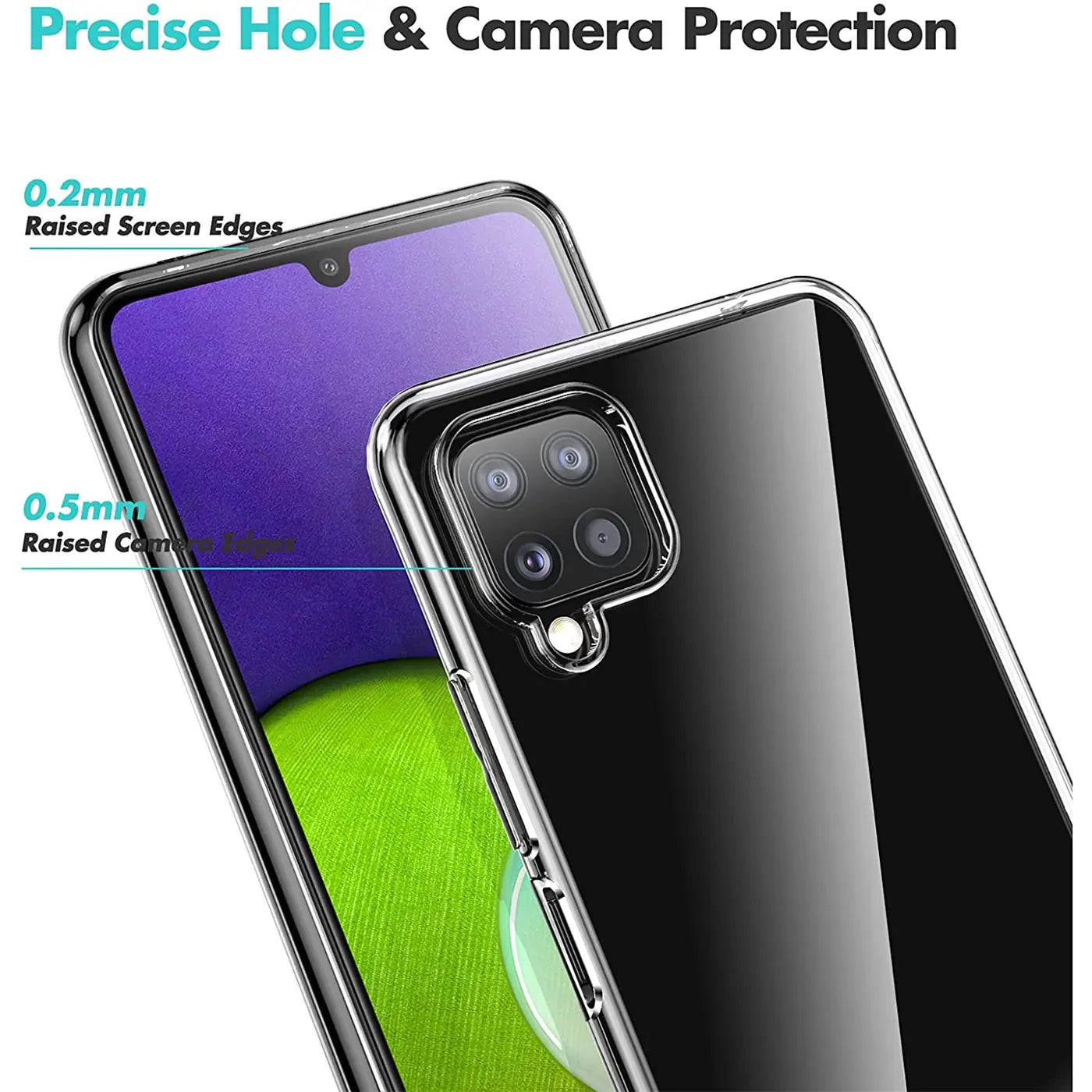 Klares Slim Case aus Kunststoff auf einem Samsung Galaxy A22 4G/M32/M22. Nahaufnahme.