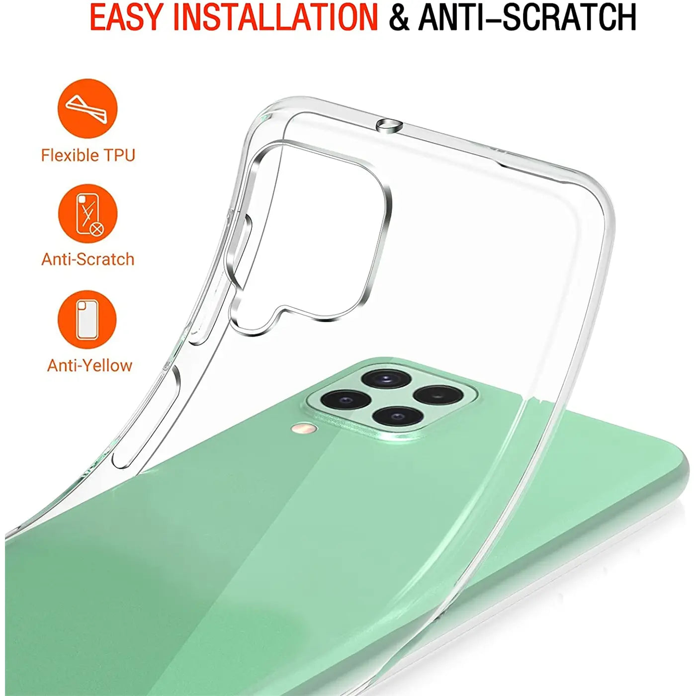 Klar TPU Hülle über einem grünen Samsung Handy, von oben links betrachtet.