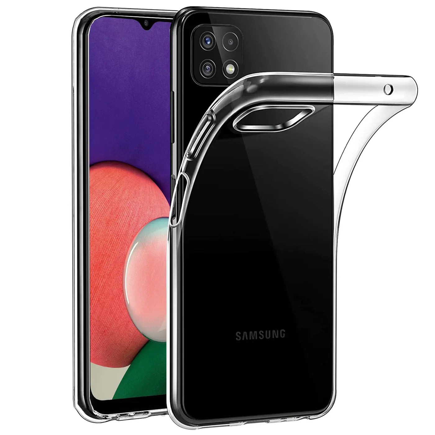 Samsung Galaxy A22 5G mit transparentem Silikoncase, von vorne links, Rückseite sichtbar.