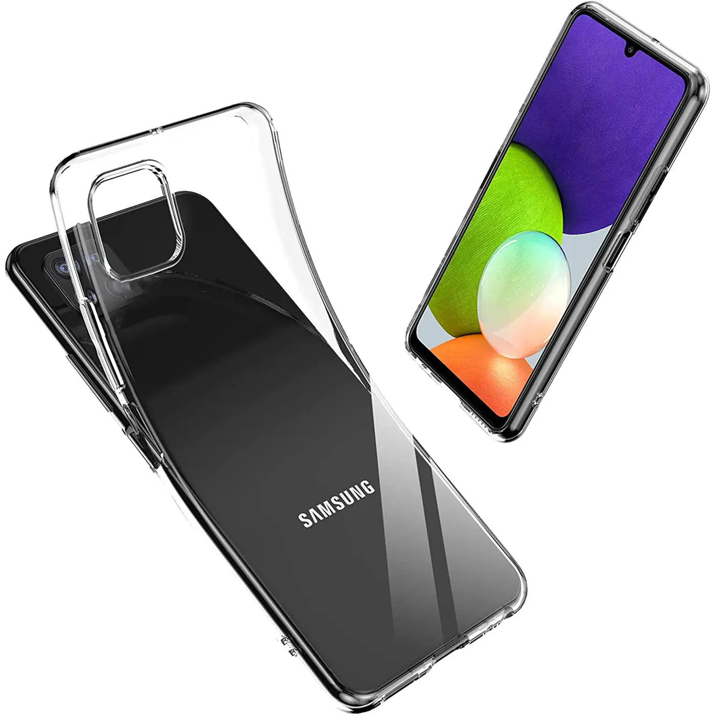 Klar, transparentes Silikon-Case mit Samsung Galaxy A22 5G, von oben links