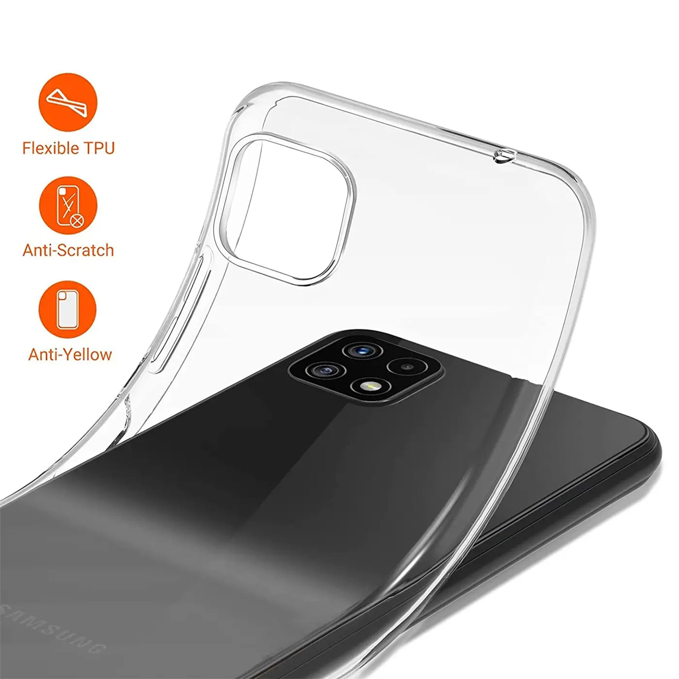 Klar, flexibles TPU-Case über einem schwarzen Samsung Galaxy A22 5G, Nahaufnahme.