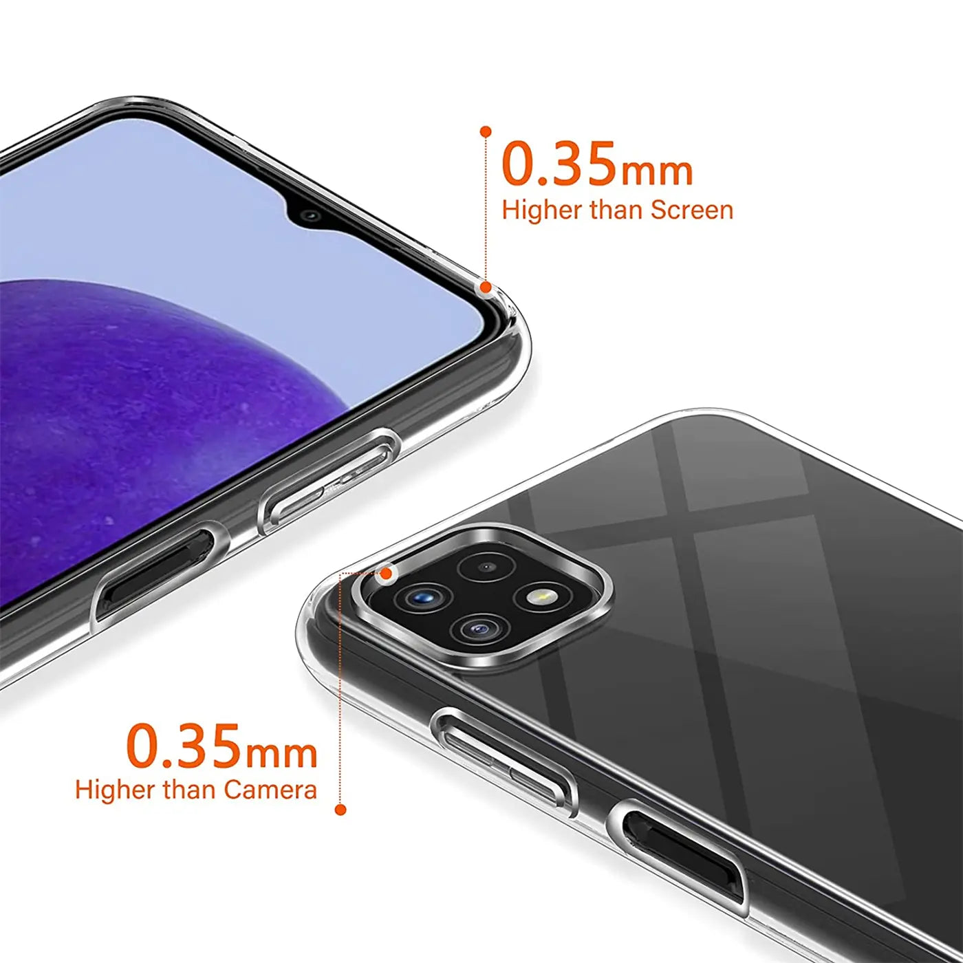 Klares, dünnes Handyhülle aus Kunststoff, zeigt Samsung Galaxy A22 5G von vorne und hinten.