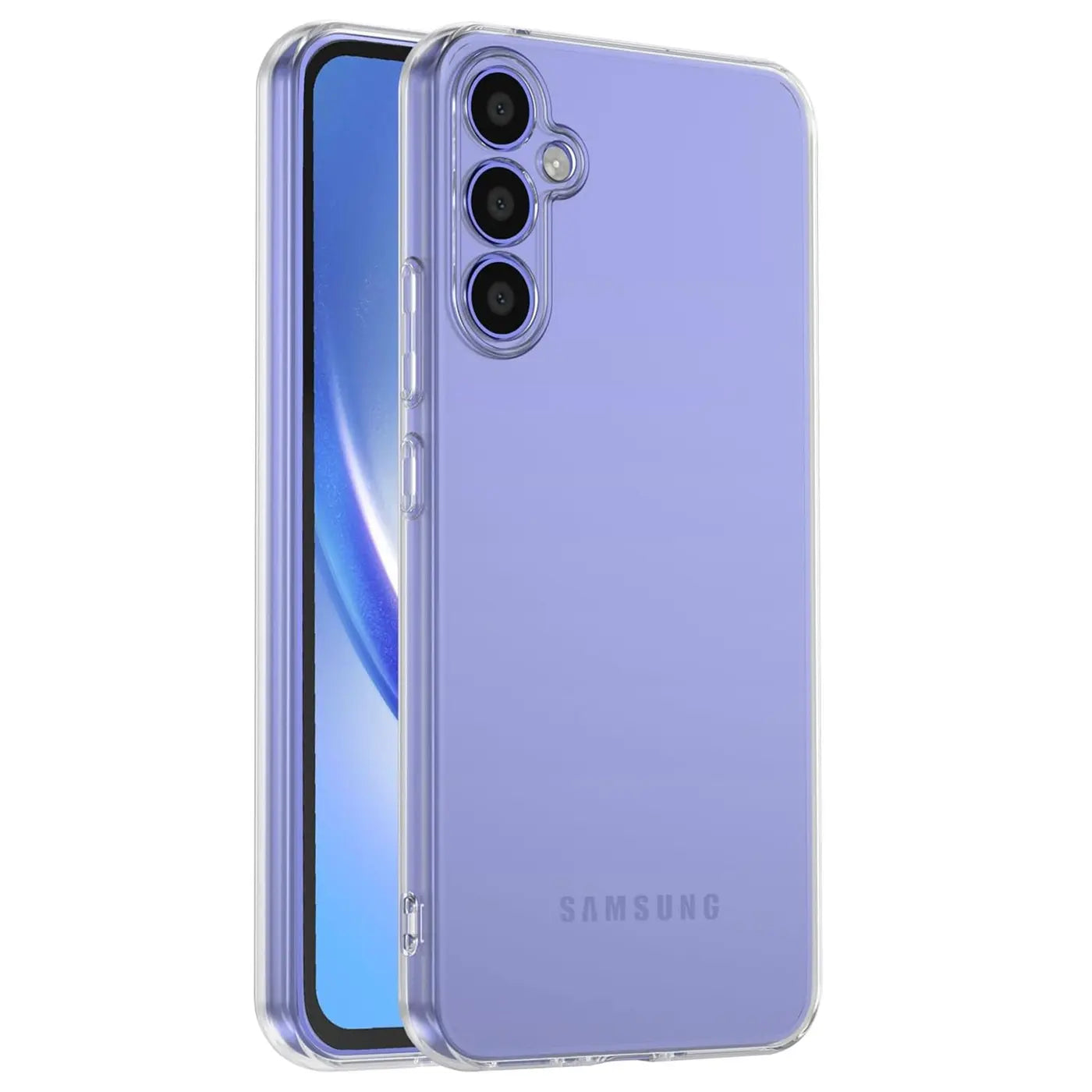 Lila, transparentes Silikon-Case mit Samsung Galaxy A25 5G, Rückansicht.