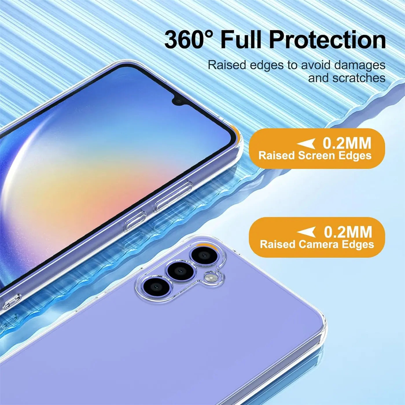Lila Samsung Galaxy A25 5G mit transparentem Ultra-Slim-Case, Rückansicht und Display-Detail.