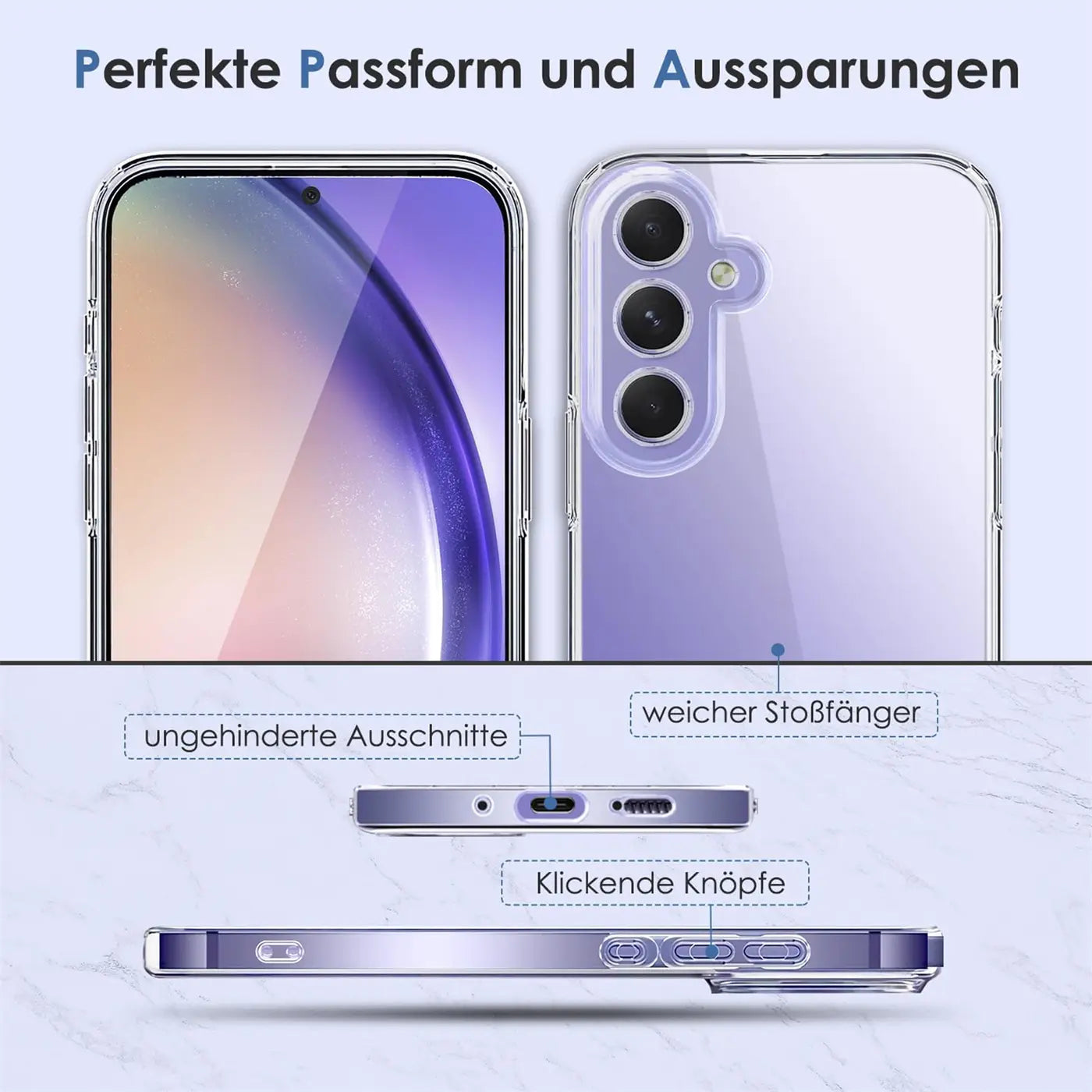 Transparente Hülle aus Kunststoff, zeigt Vorder- und Rückseite eines Samsung Galaxy A25 5G.