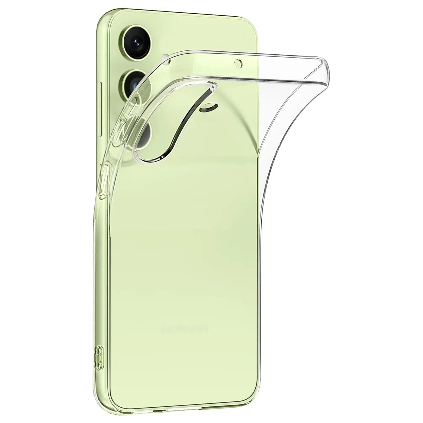 Klares, flexibles Handyhülle aus TPU, die auf ein hellgrünes Samsung Galaxy A25 5G aufgezogen wird.
