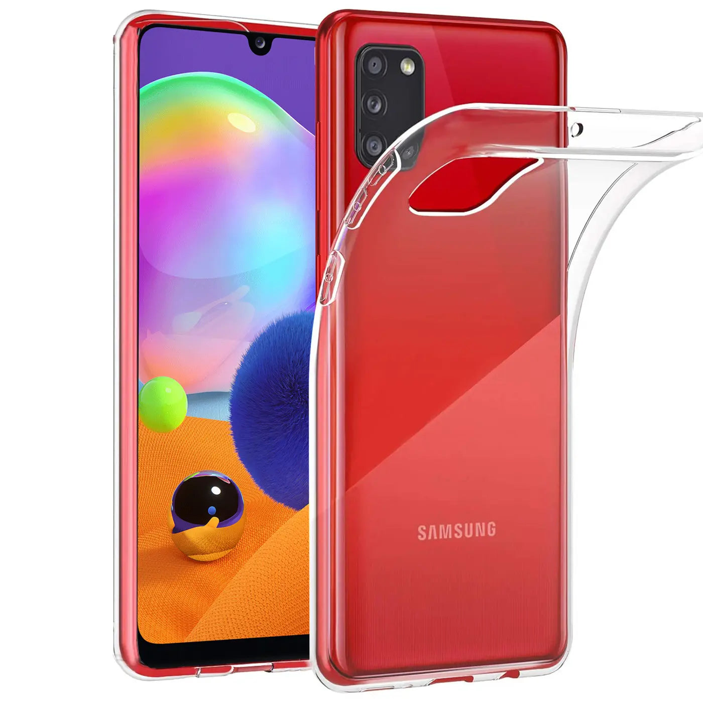 Rotes Samsung Galaxy A31 mit transparentem Silikon-Case, Vorder- und Rückansicht.
