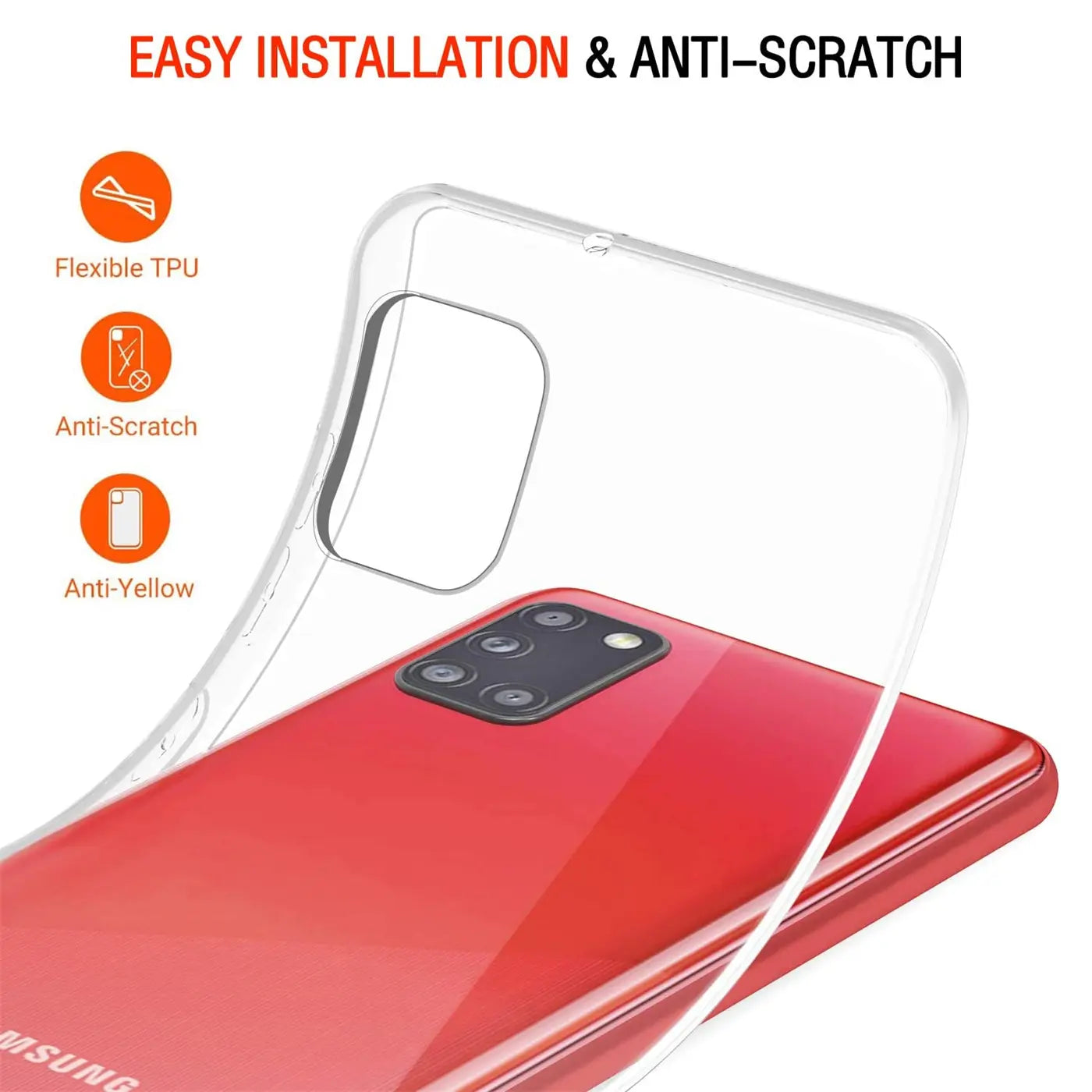 Klares TPU-Case über rotem Samsung Galaxy A31, Rückansicht.