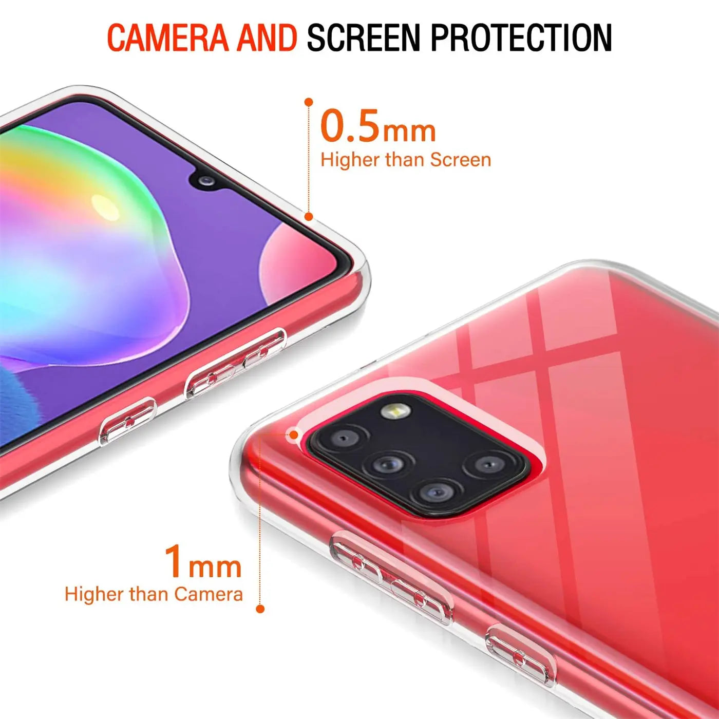 Klares, transparentes Handyhülle aus Kunststoff, zeigt Rückseite und Vorderseite eines roten Samsung Galaxy A31.