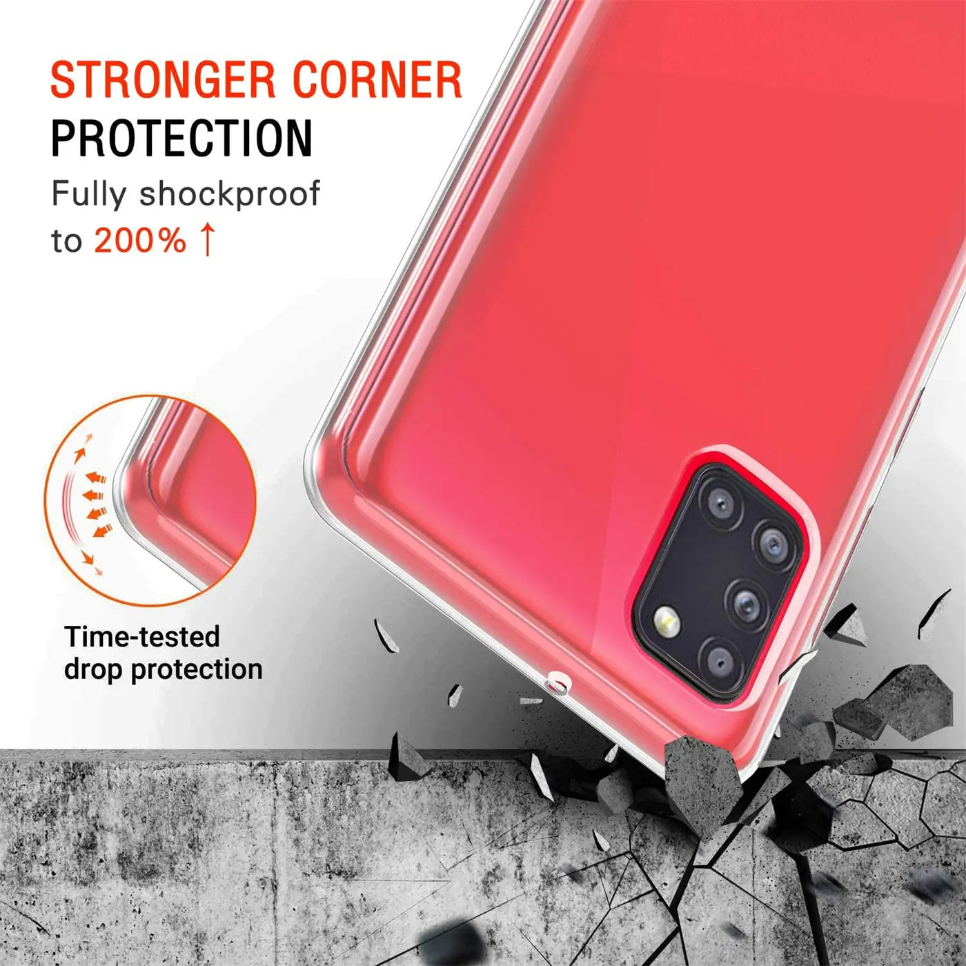 Klares Handyhülle aus Kunststoff, zeigt Rückseite eines roten Samsung Galaxy A31.