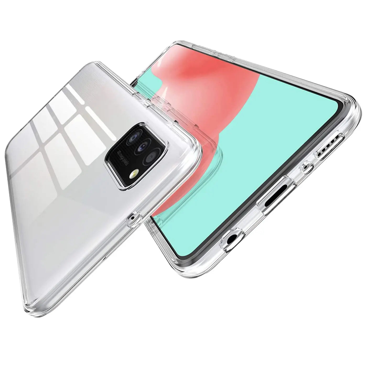 Klares Silikon-Case auf einem Samsung Galaxy A31, von schräg hinten und vorne gezeigt.