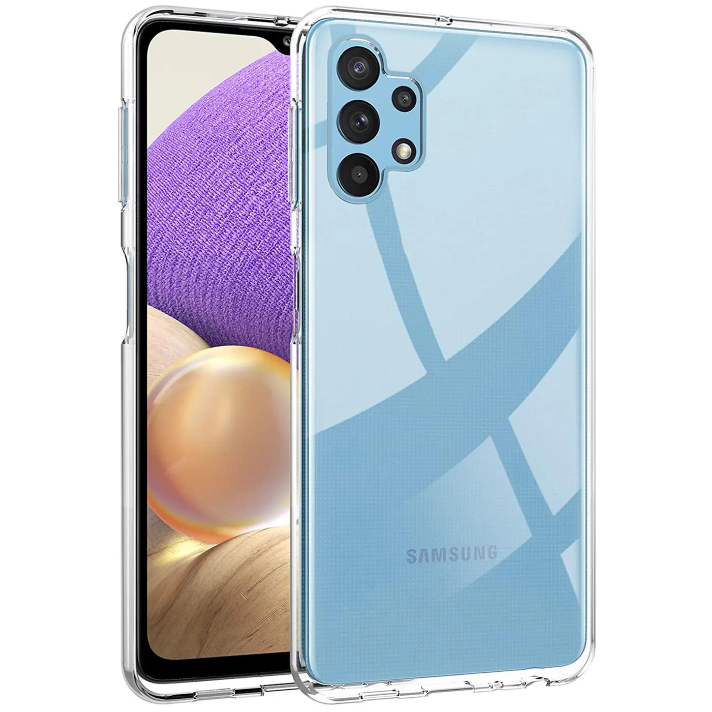 Klares, transparentes Handy-Case aus Kunststoff, zeigt Rückseite und Seite eines Samsung Galaxy A32 5G.
