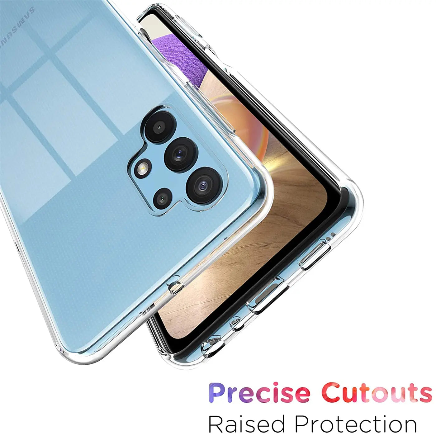 Klares Handyhülle aus Kunststoff, zeigt Rückseite und Bildschirm eines Samsung Galaxy A32 5G.