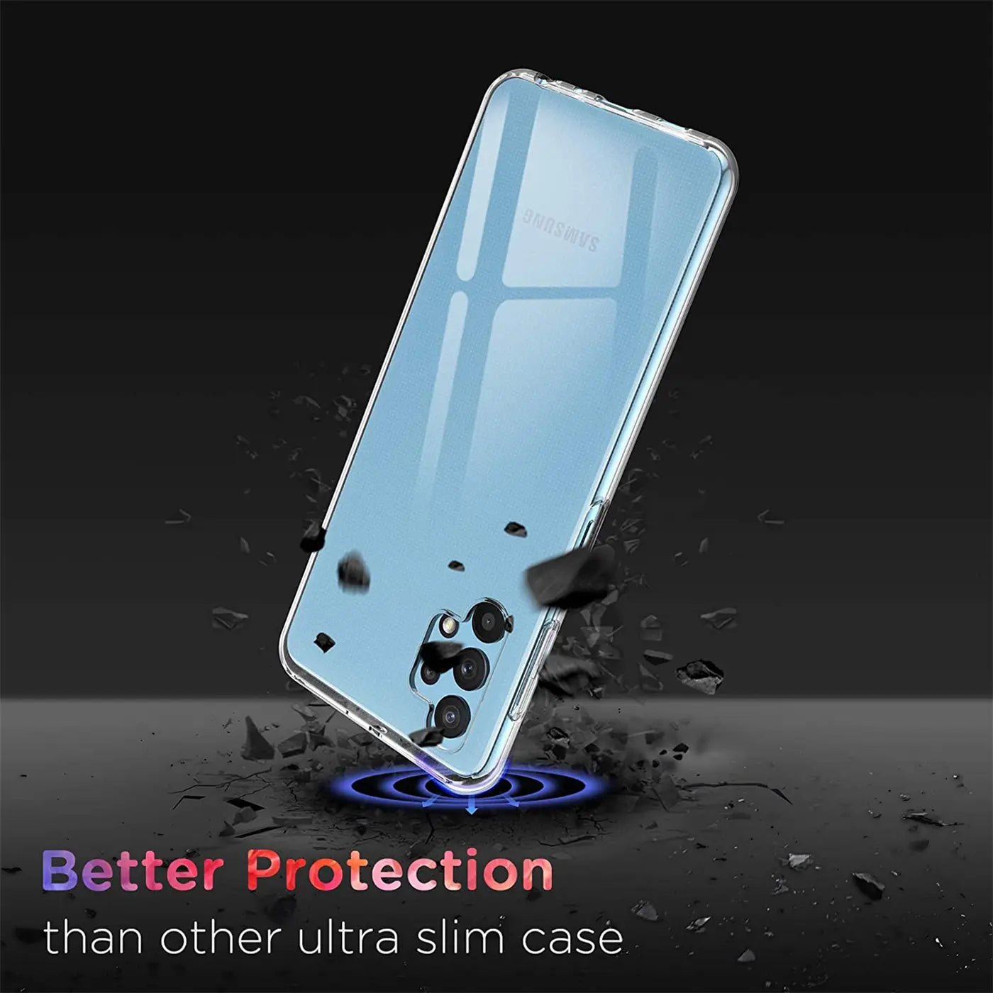 Klar, transparentes Slim Case um ein Samsung Galaxy A32 5G, von schräg hinten.