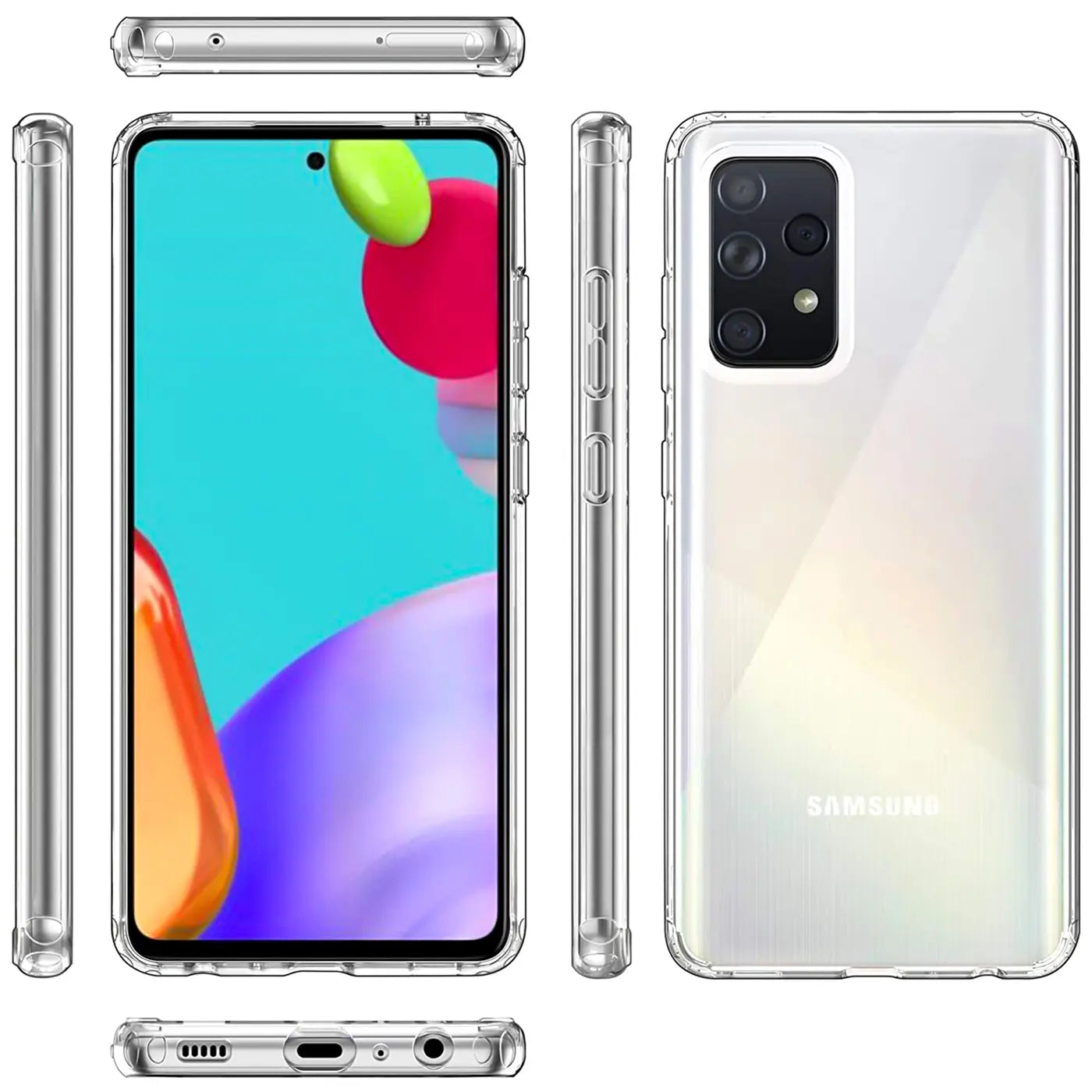 Klar, transparentes Slim Case aus Kunststoff, zeigt Vorder-, Seiten- und Rückansicht eines Samsung Galaxy A33 5G.
