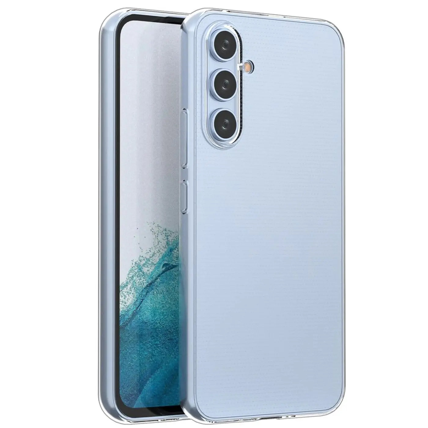 Klares, dünnes Handyhülle aus TPU, schützt Samsung Galaxy A34 5G, Seitenansicht.