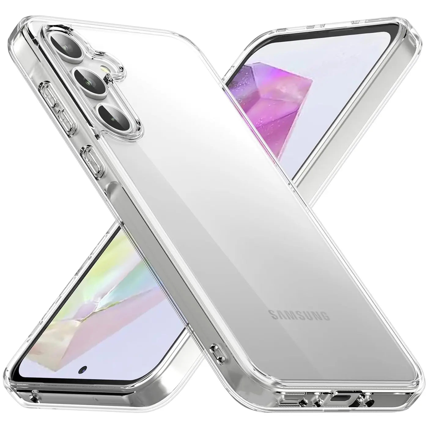 Klares Handyhülle aus Kunststoff, von schräg oben, zeigt Samsung Galaxy A35 5G.