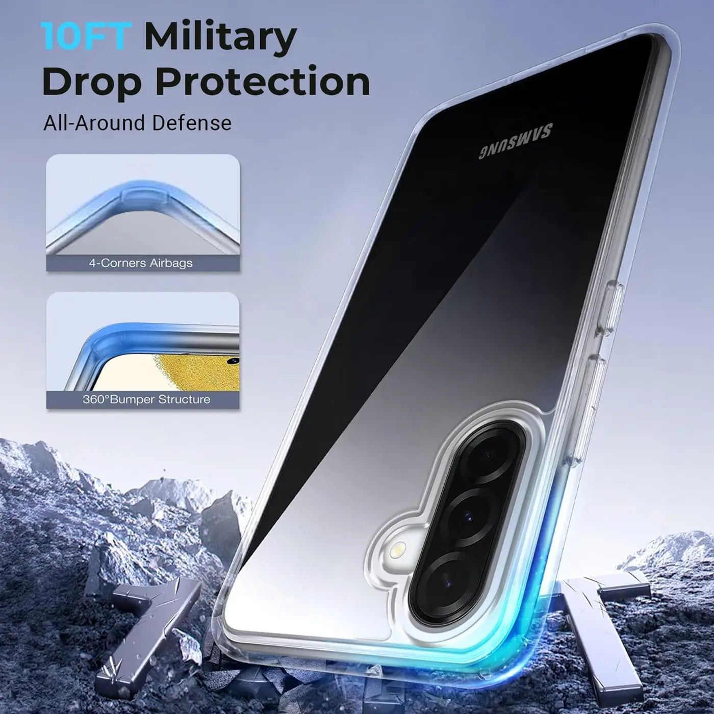 Klares Handyhülle aus Kunststoff, schützt Samsung Galaxy A37 5G, von schräg unten gesehen.