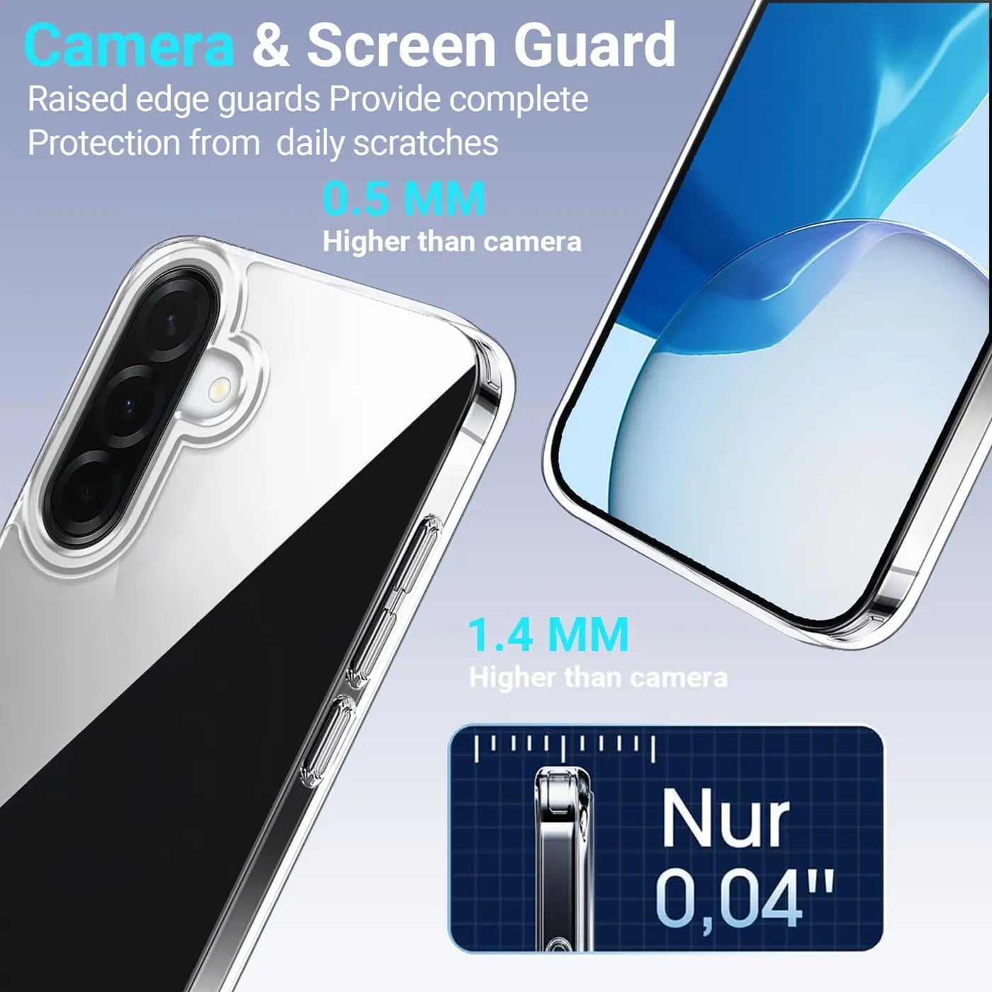 Klares Handyhülle aus Kunststoff, Nahaufnahme, zeigt Kamera und Bildschirm des Samsung Galaxy A37 5G.