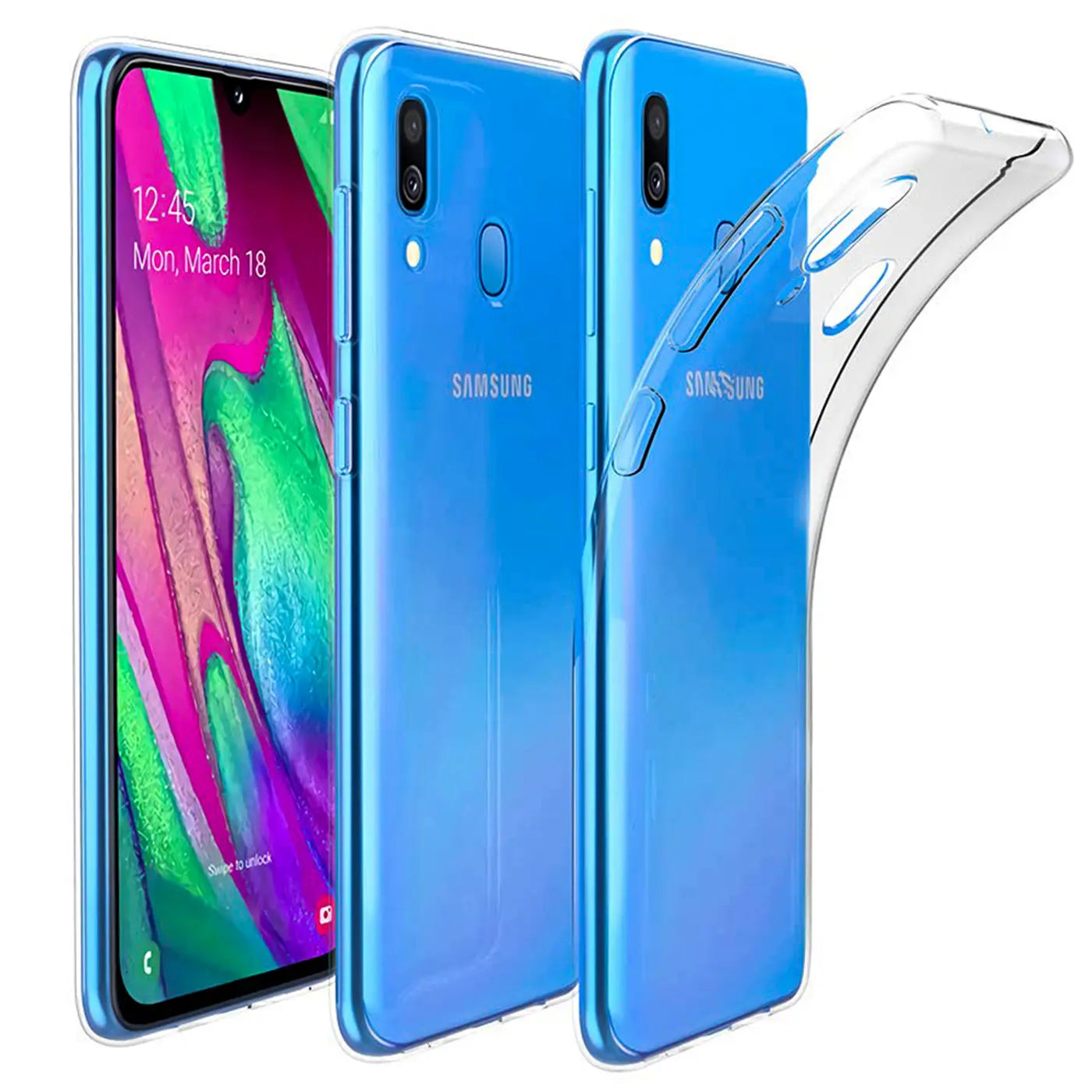 Klares, flexibles Handy-Case auf blauem Samsung Galaxy A40, Seitenansicht.