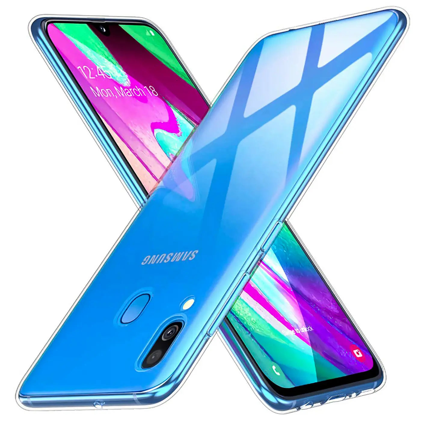 Blaues Samsung Galaxy A40 in transparentem Case, von vorne und hinten gezeigt, leicht versetzt.