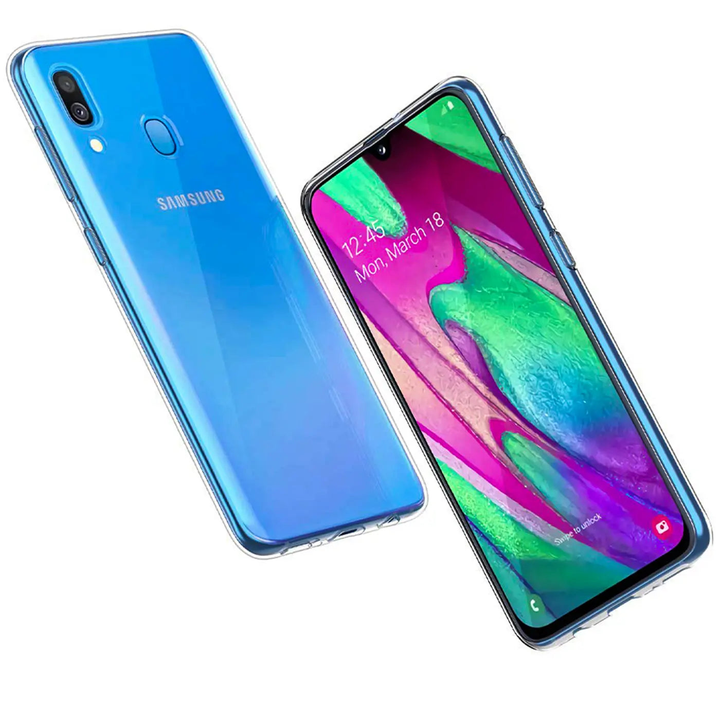 Blaues Samsung Galaxy A40 in transparentem Silikoncase, von schräg oben fotografiert.