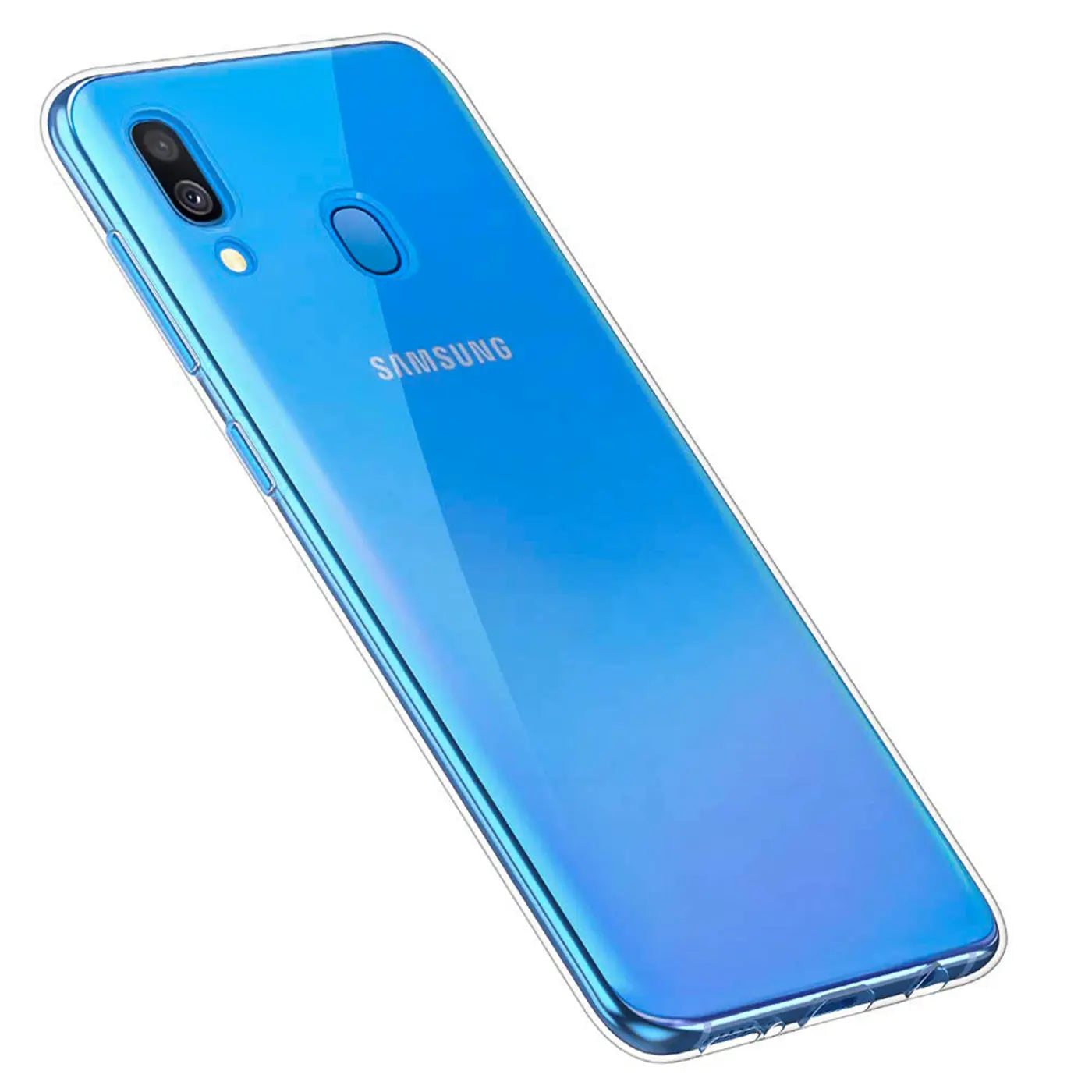 Samsung Galaxy A40, blau, transparent, Rückansicht, leicht schräg