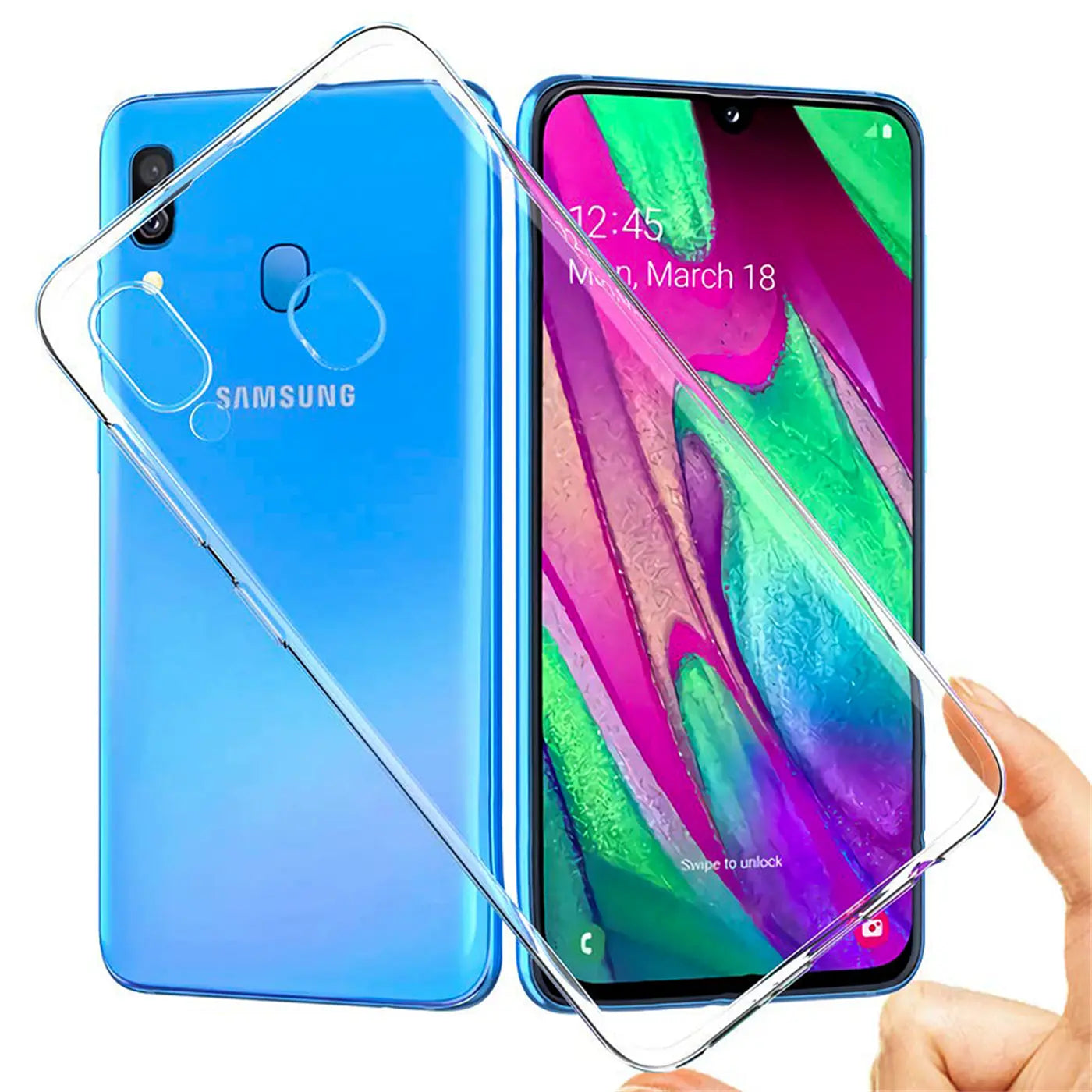 Klares, transparentes Silikon-Case auf einem blauen Samsung Galaxy A40, Vorder- und Rückansicht.