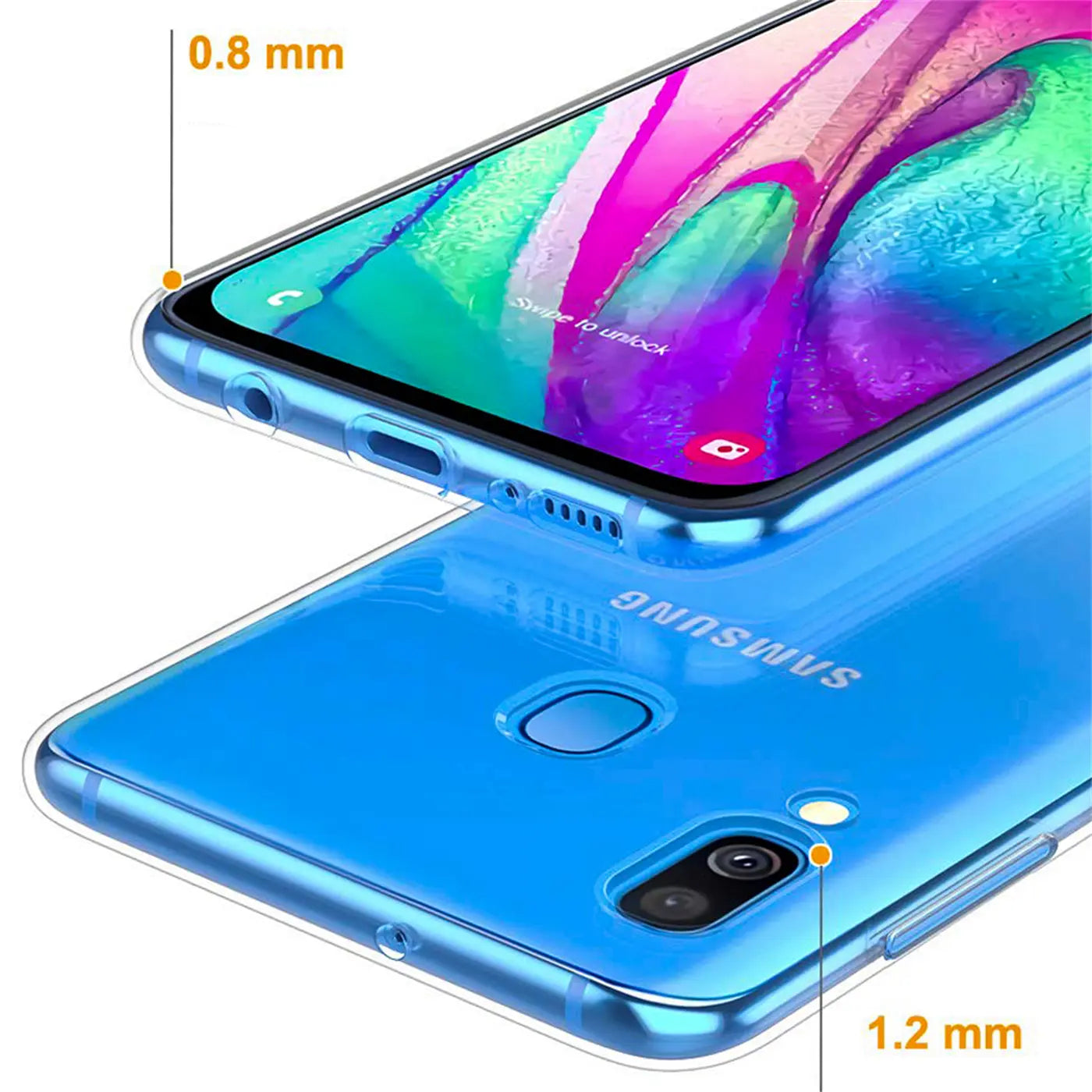 Blaues, transparentes Case aus Kunststoff, von schräg oben, zeigt Samsung Galaxy A40.
