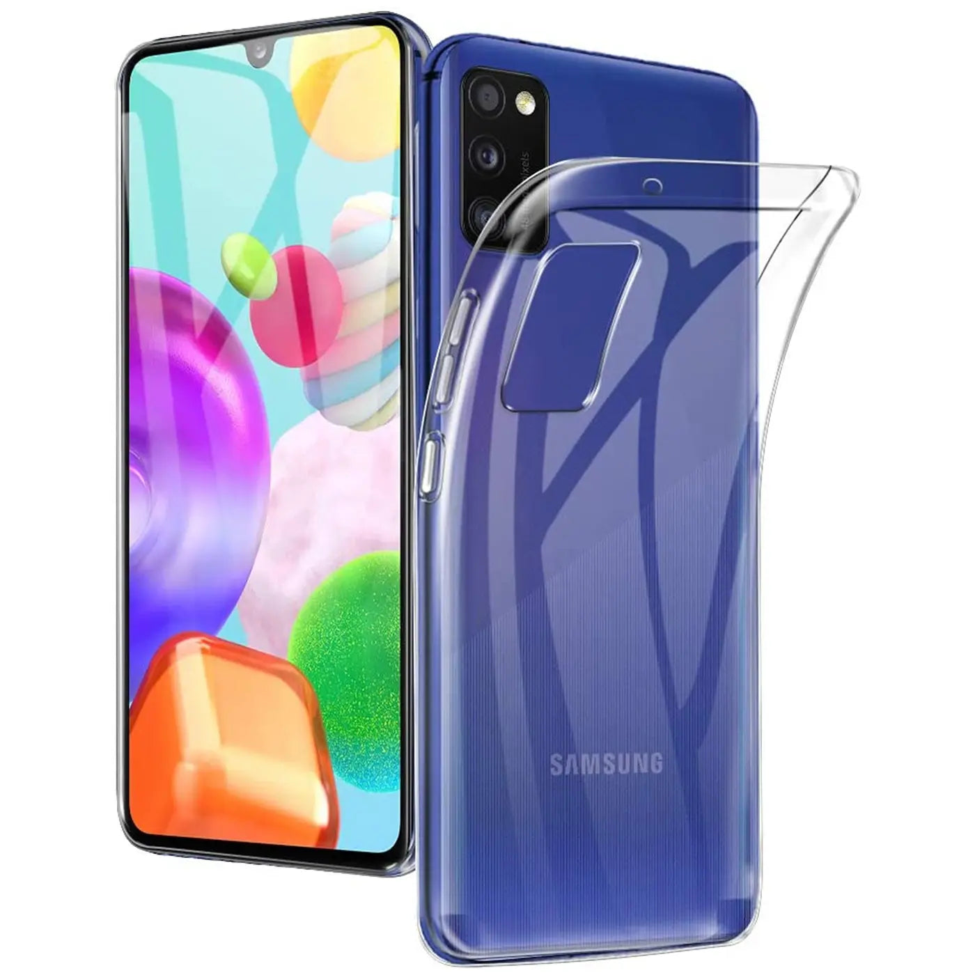 Klares Silikon-Case auf einem blauen Samsung Galaxy A41, von schräg hinten.