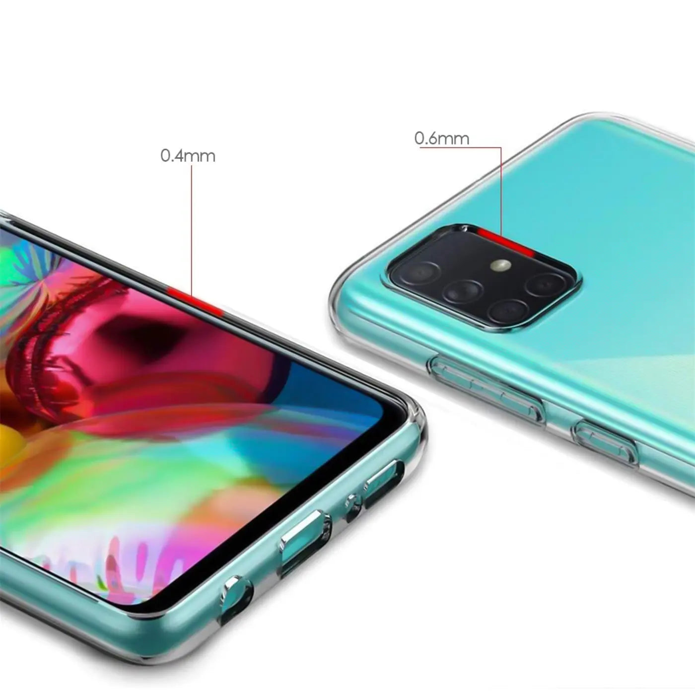 Klarer Handyhülle aus TPU um ein Samsung Galaxy A41, Nahaufnahme, von vorne und hinten.