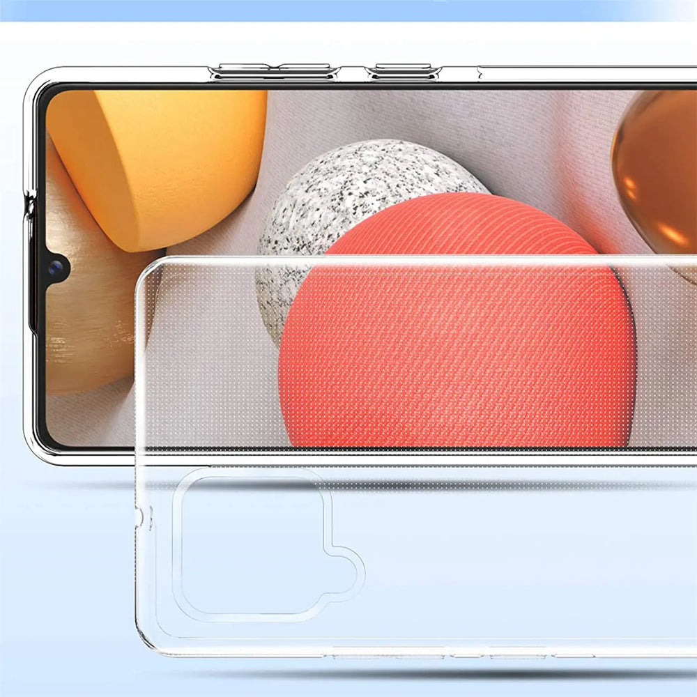 Klar transparente Handyhülle aus Kunststoff, Vorder- und Rückansicht, für Samsung Galaxy A42 5G.