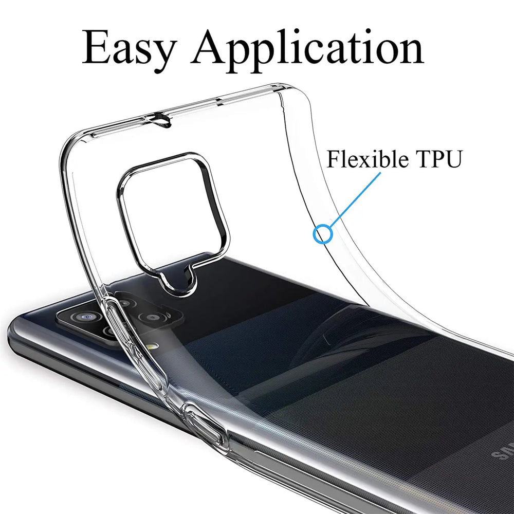 Klares TPU-Case wird auf Samsung Galaxy A42 5G aufgesetzt, von schräg oben gezeigt.
