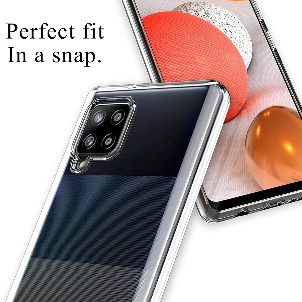 Klar, durchsichtiges Samsung Galaxy A42 5G Handy mit Hülle, Nahaufnahme von hinten.