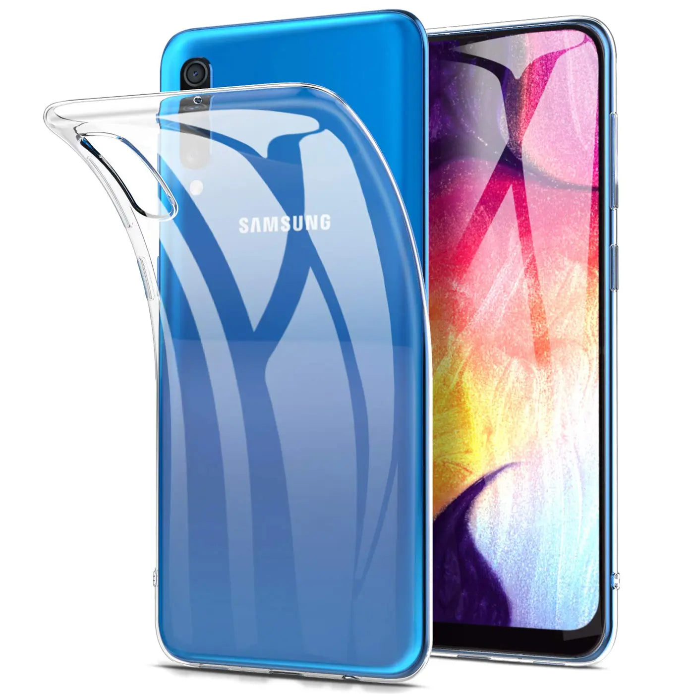 Klares, flexibles Handyhülle aus Silikon, Vorder- und Rückansicht eines Samsung Galaxy A50/A30s.