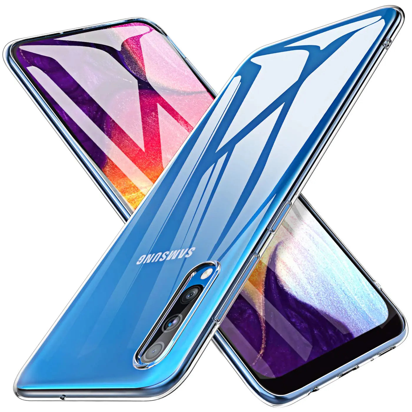 Zwei Samsung Galaxy A50/A30s mit klaren Hüllen, von oben/hinten und vorne/seitlich gezeigt.