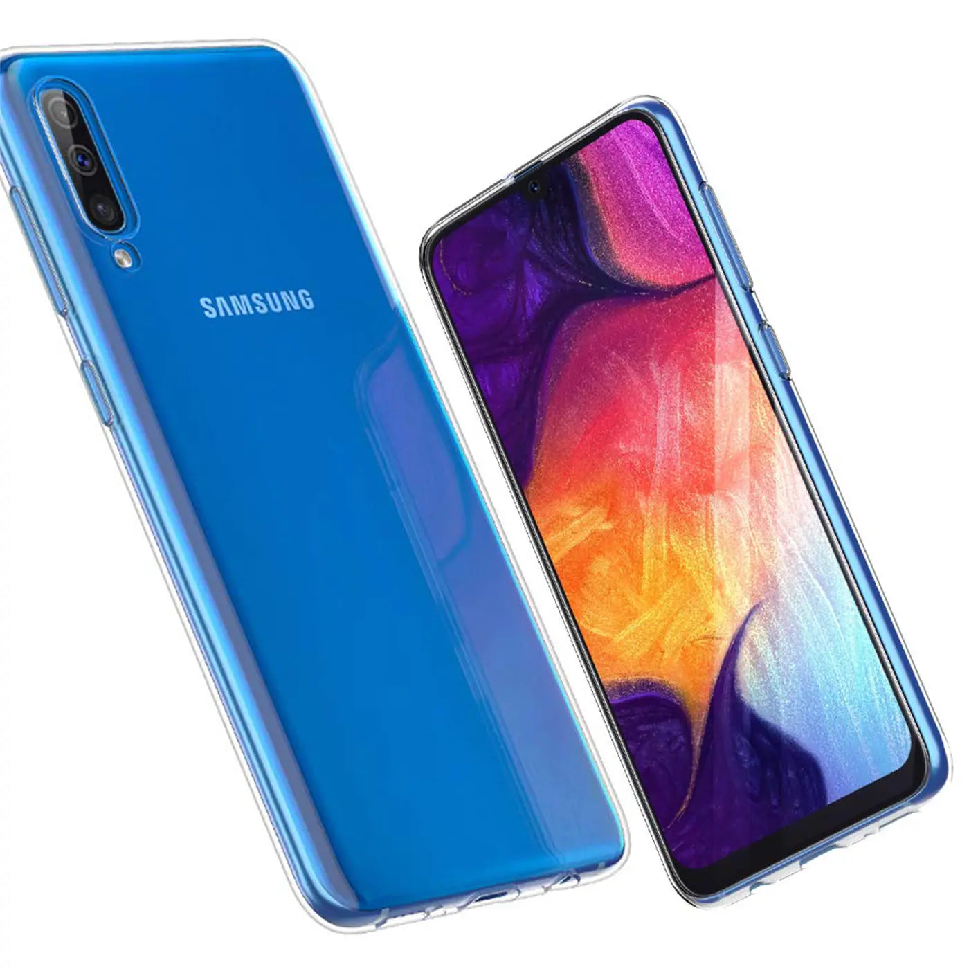 Blaues Samsung Galaxy A50/A30s in transparentem Slim Case, von vorne und hinten gezeigt.
