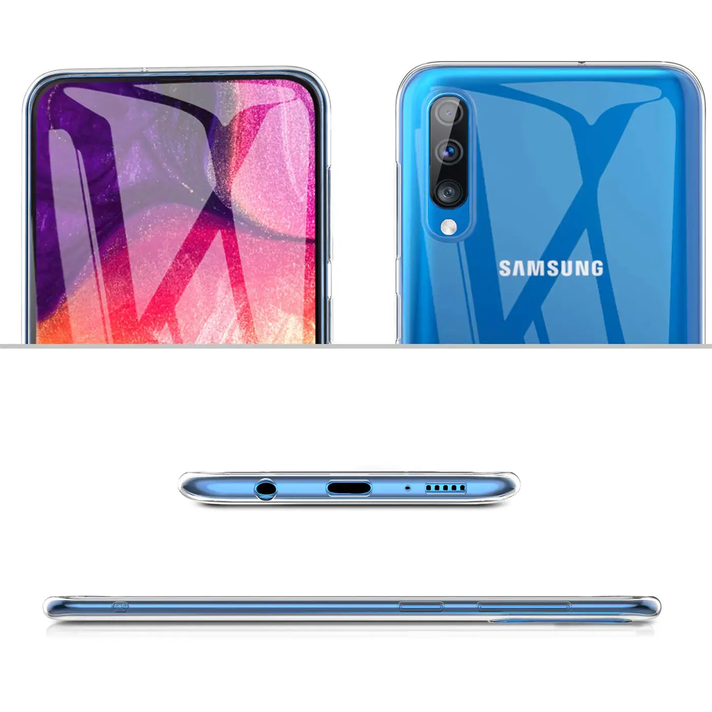 Samsung Galaxy A50/A30s Hülle, transparent, Nahaufnahme Vorder-/Rückseite, Unterseite, Seite