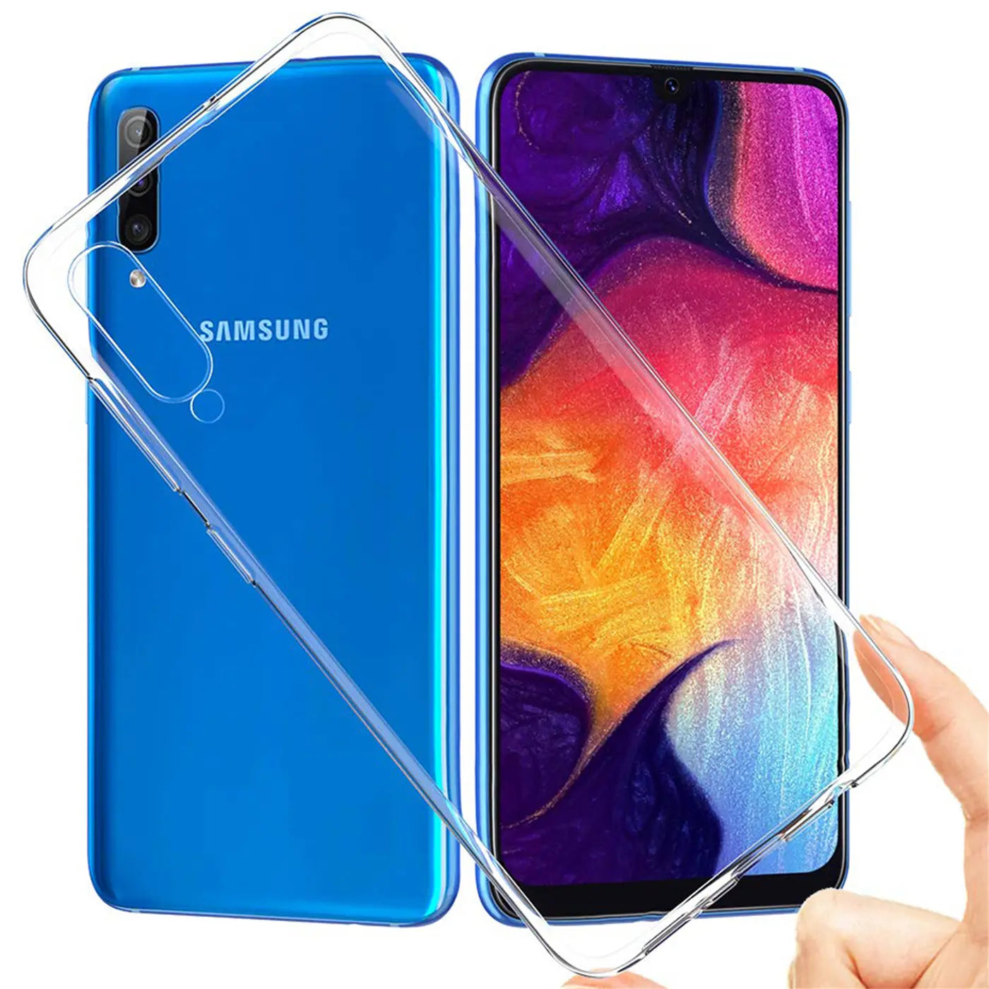 Klarhülle aus Kunststoff, Vorder- und Rückansicht eines blauen Samsung Galaxy A50/A30s.