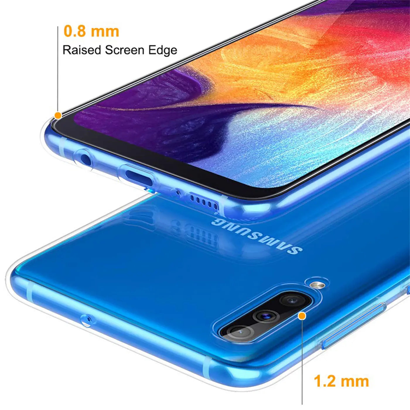 Blaues, transparentes Slim Case aus Kunststoff auf Samsung Galaxy A50/A30s, Draufsicht.